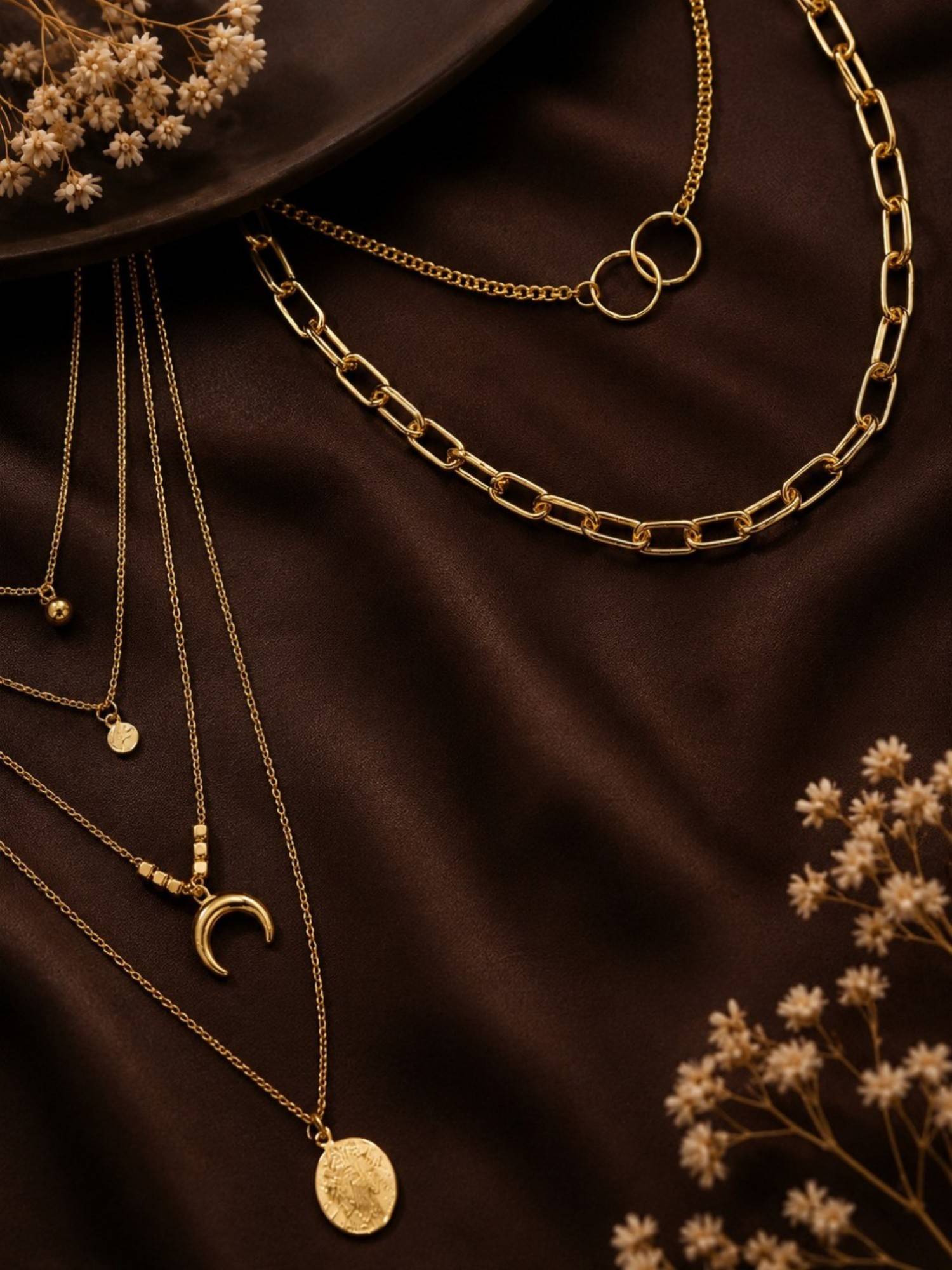 OOMPH Gold Link Chain Horse Shoe Goodluck Multi Layer Necklace (Pack of 2)