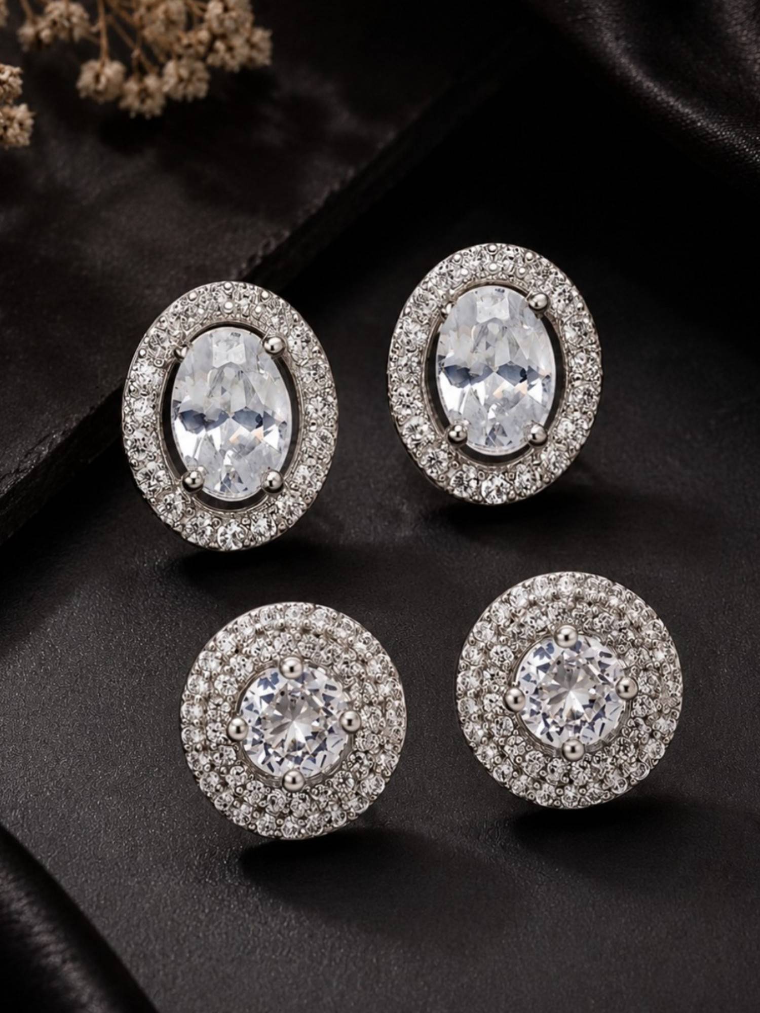Fabula Combo of 2 Anti Tarnish Silver Solitaire Cubic Zirconia Ear Stud Earrings