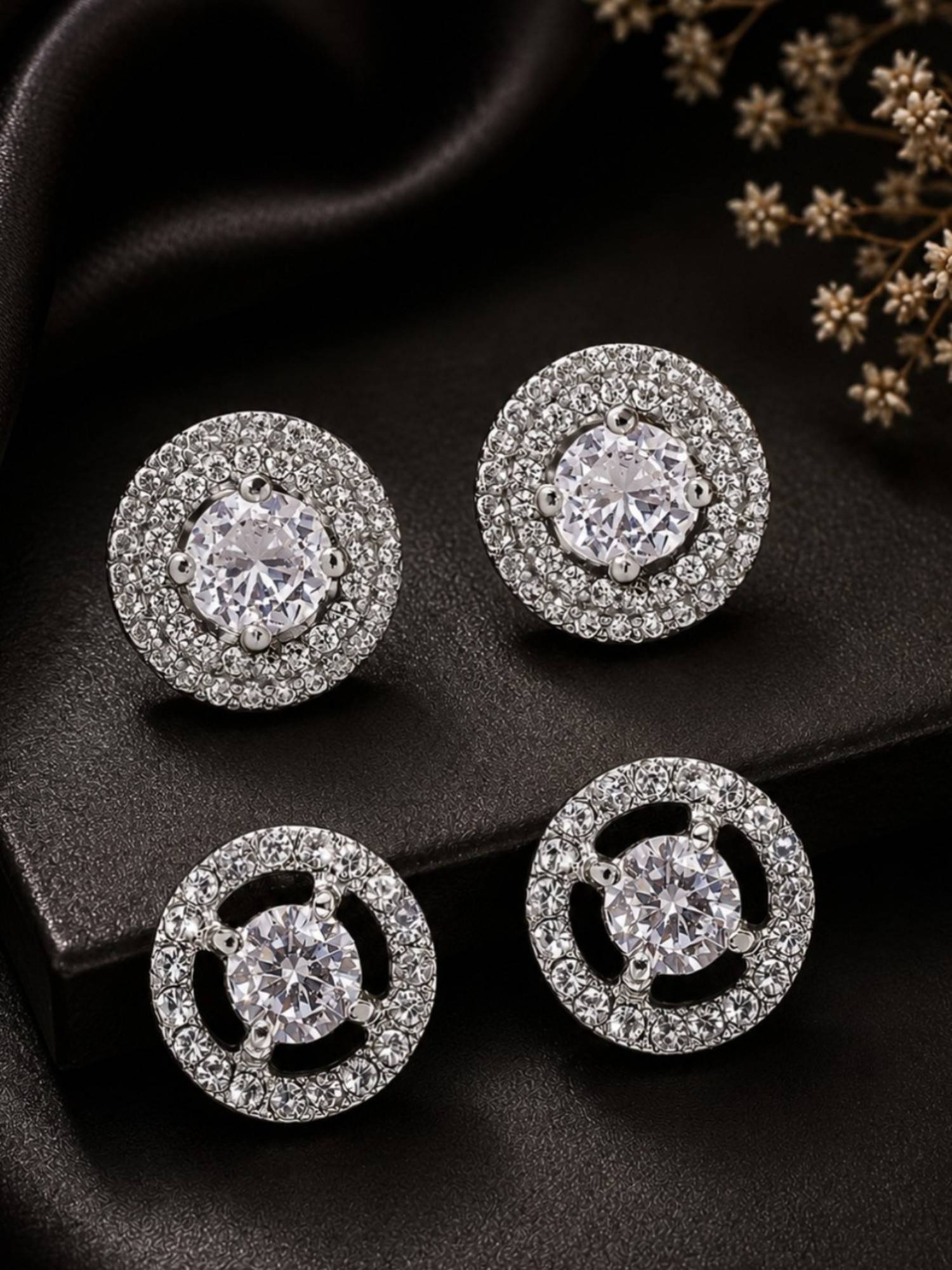 Fabula Combo of 2 Anti Tarnish Silver Cubic Zirconia Round Solitaire Ear Stud Earrings