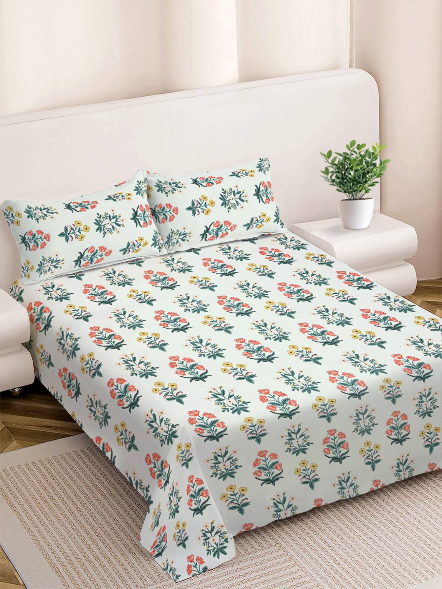 FABINALIV Floral 300TC Cotton Blend Bedsheet With 2 Pillow Covers Multi-Color King
