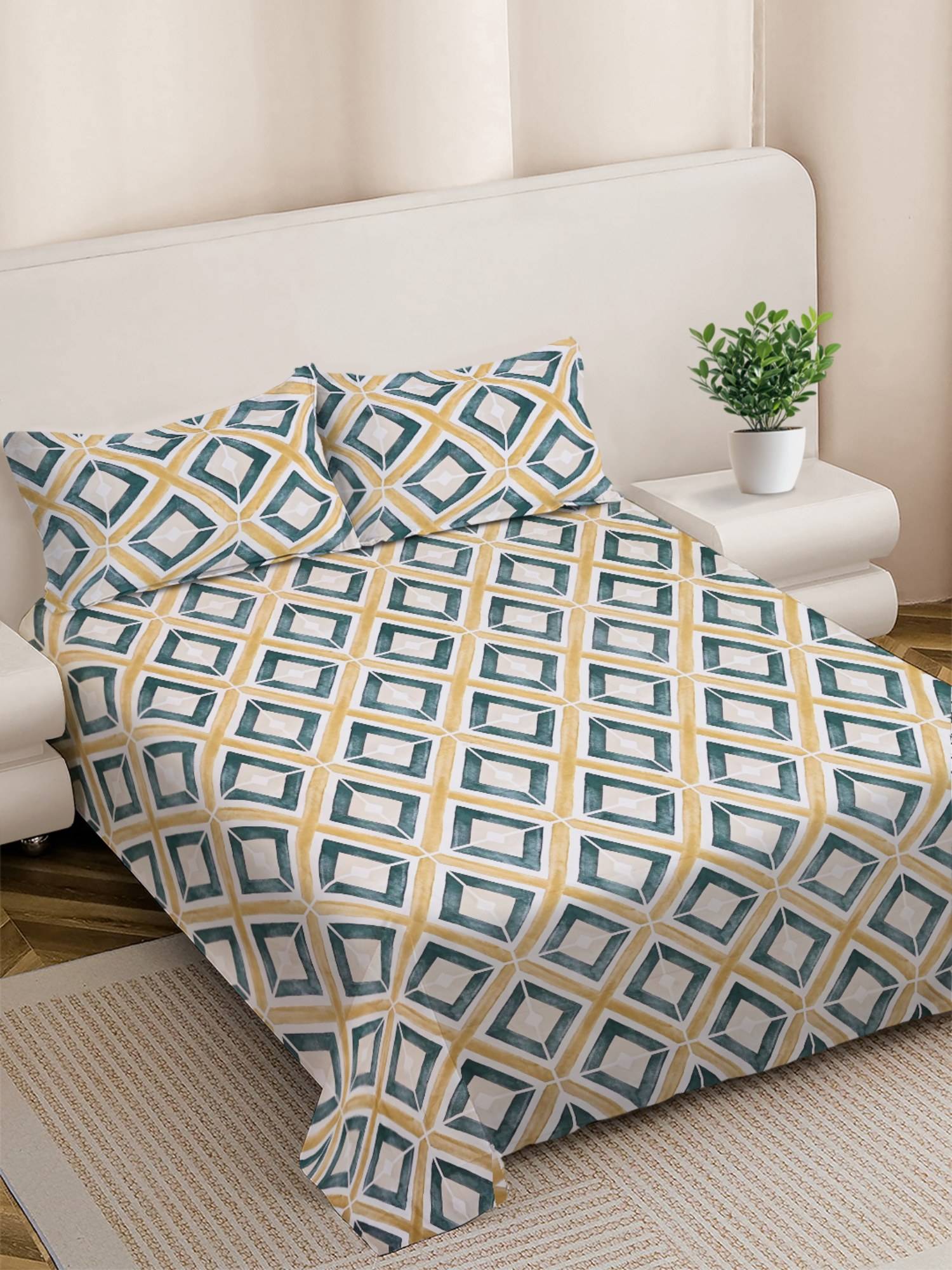FABINALIV Geometric 300TC Cotton Blend Bedsheet With 2 Pillow Covers Multi-Color King