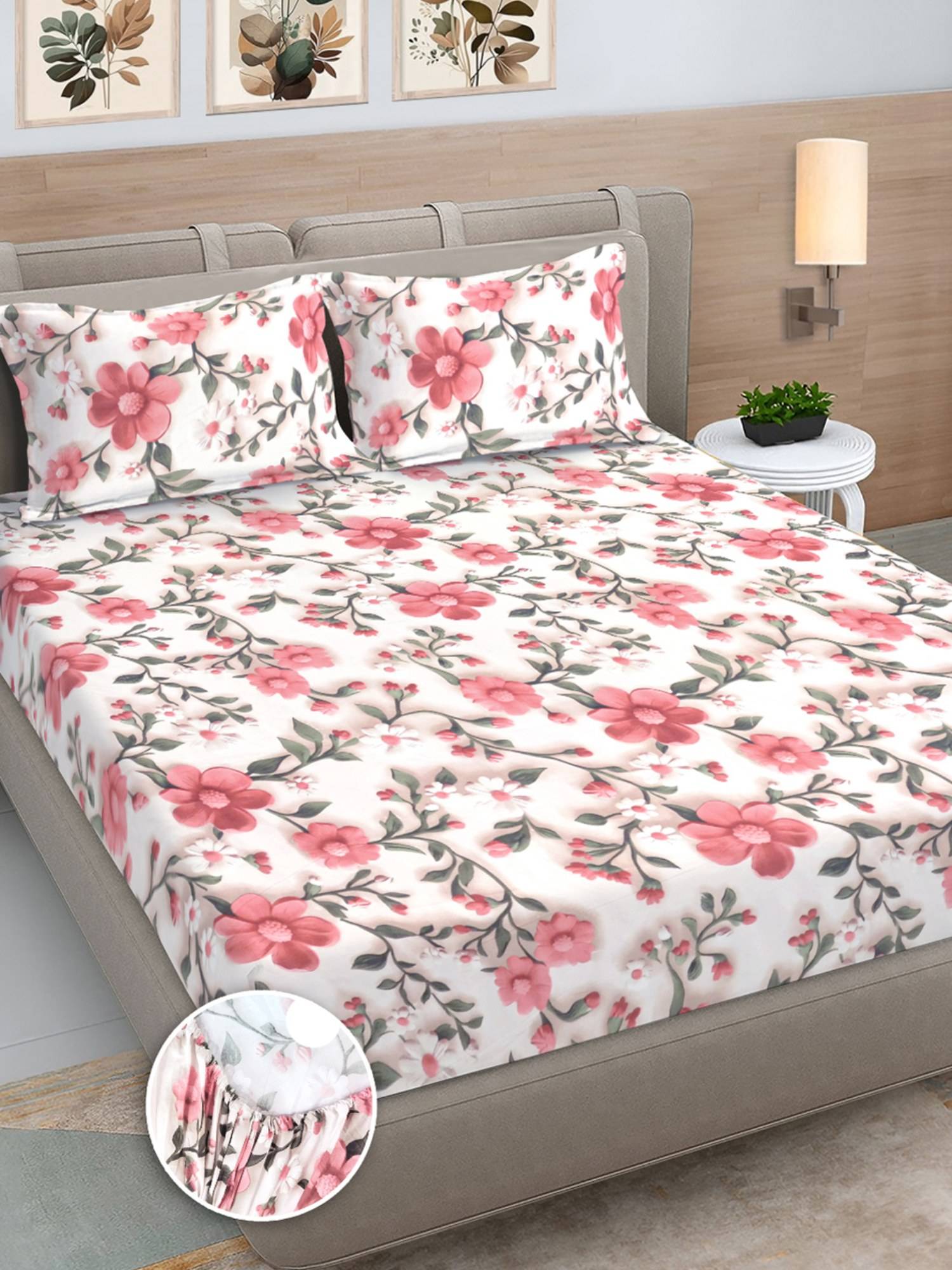 FABINALIV Multicolor Floral 300TC Cotton Blend 7D Fitted Bedsheet With 2 Pillow Covers King