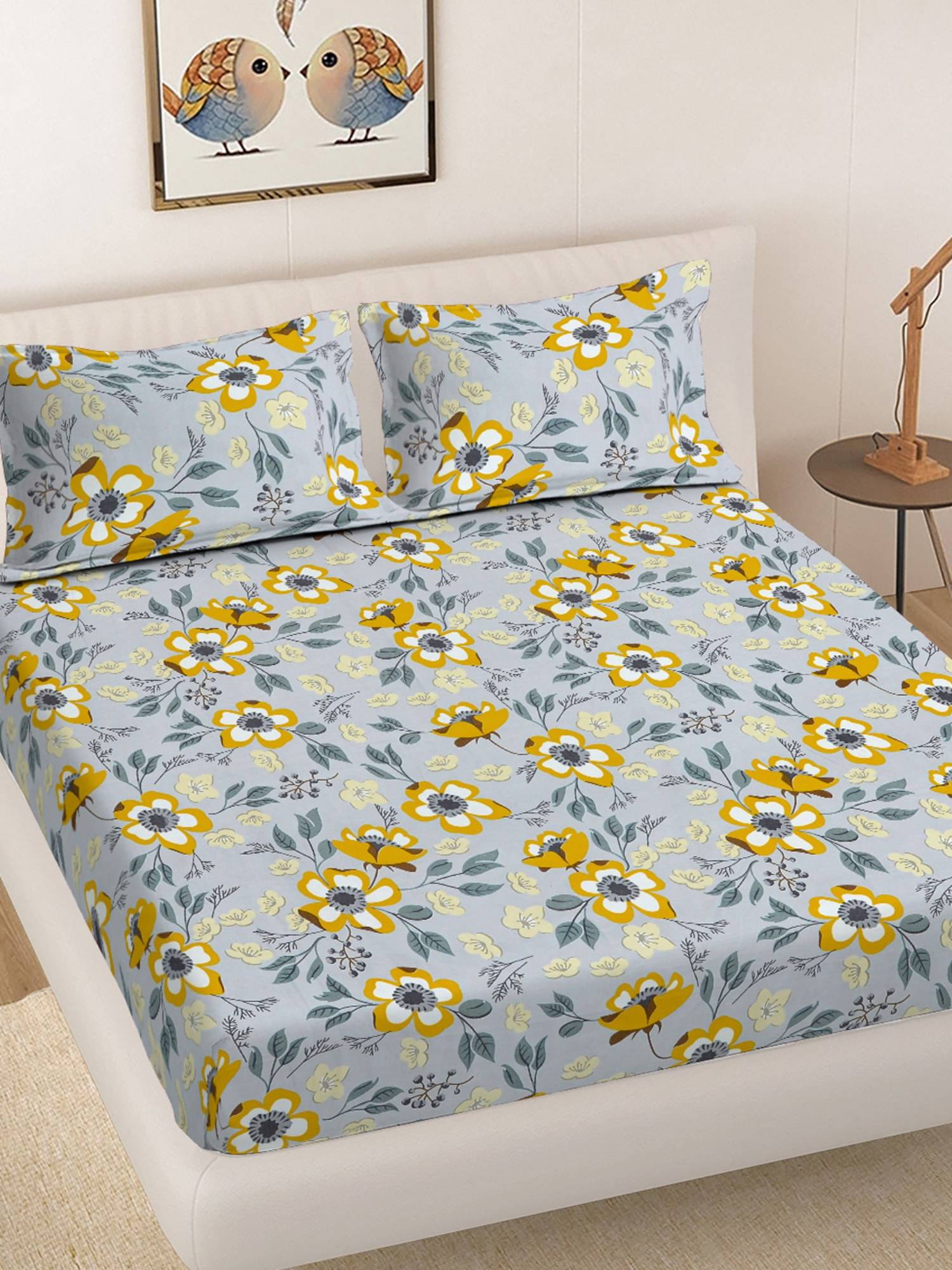 FABINALIV Grey Floral 300TC Cotton Blend Fitted Bedsheet With 2 Pillow Covers King