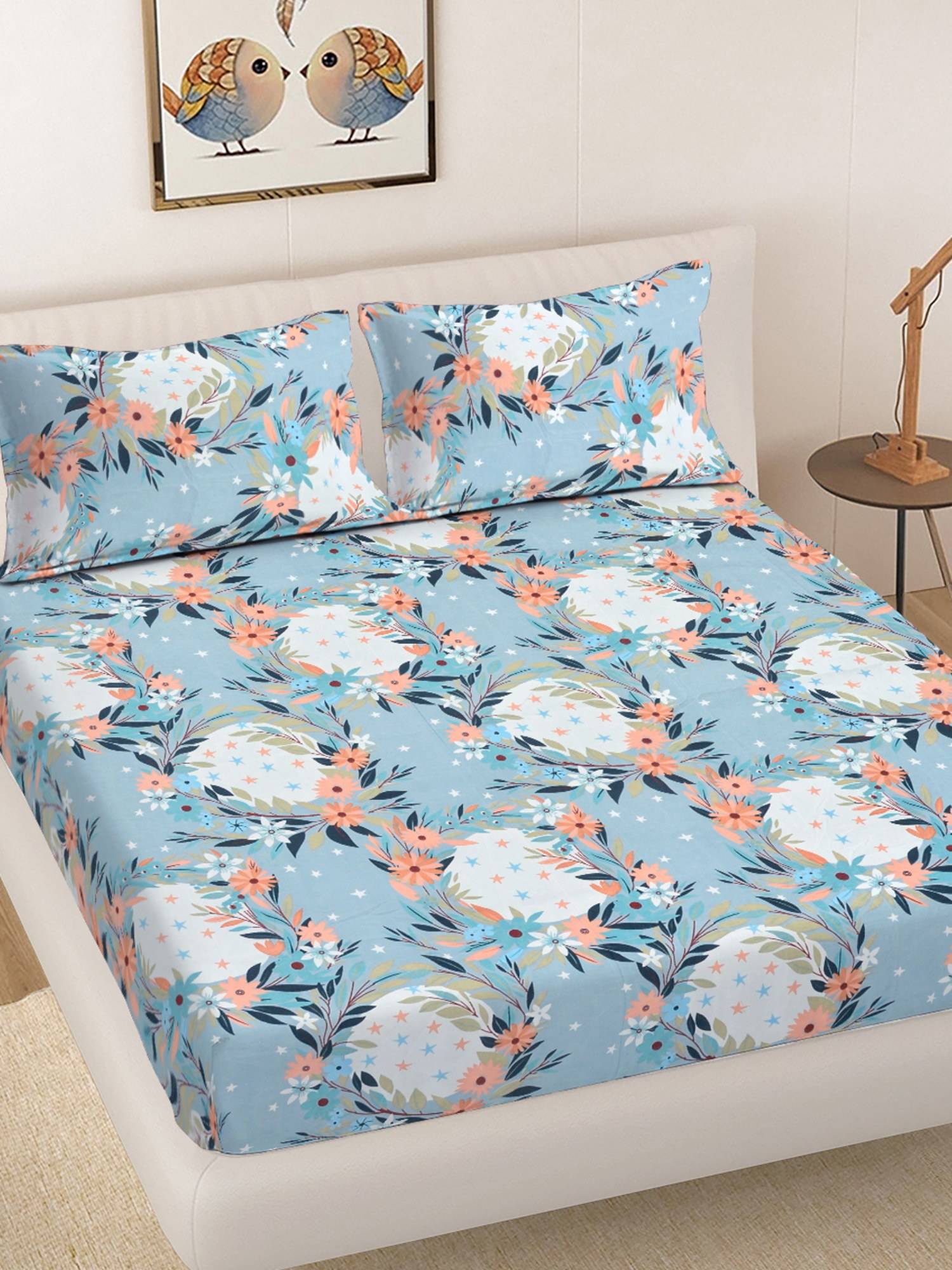 FABINALIV Blue Floral 300TC Cotton Blend Fitted Bedsheet With 2 Pillow Covers King