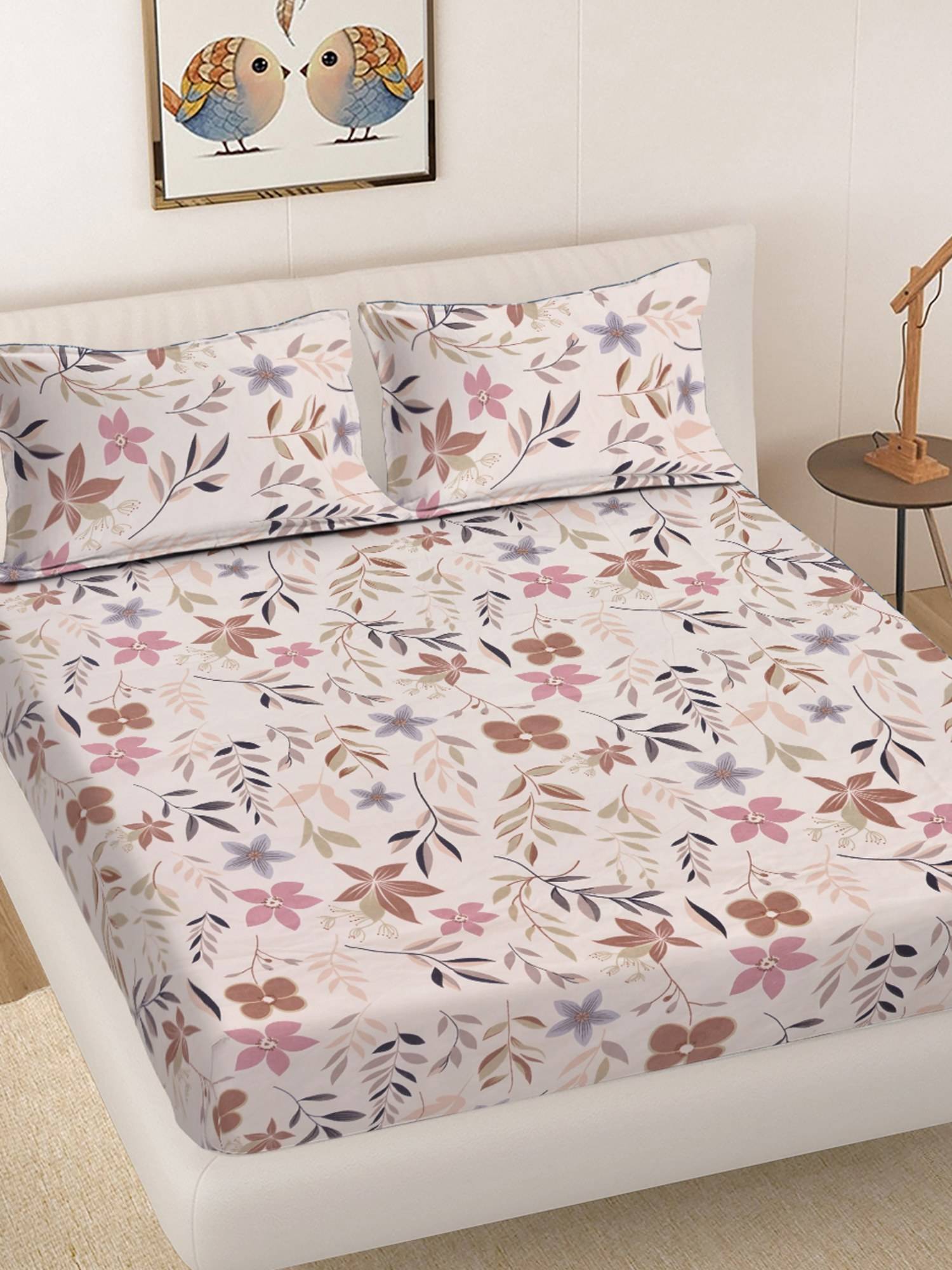 FABINALIV Beige Floral 300TC Cotton Blend Fitted Bedsheet With 2 Pillow Covers King