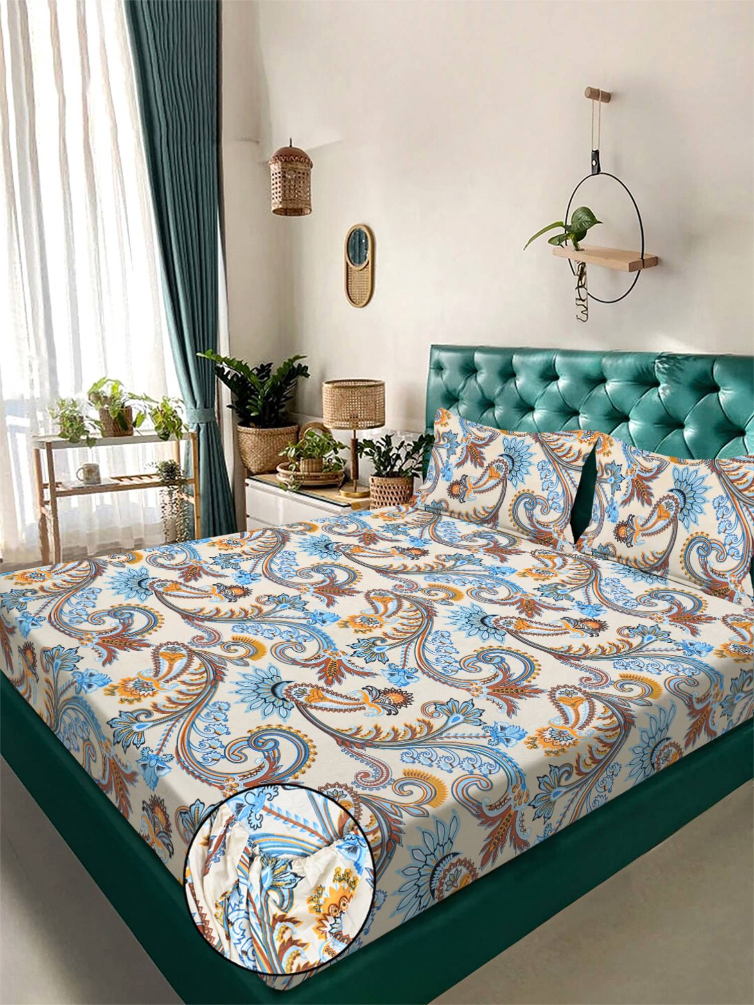 FABINALIV Multicolor Ethnic 300TC Cotton Blend Fitted Bedsheet With 2 Pillow Covers King