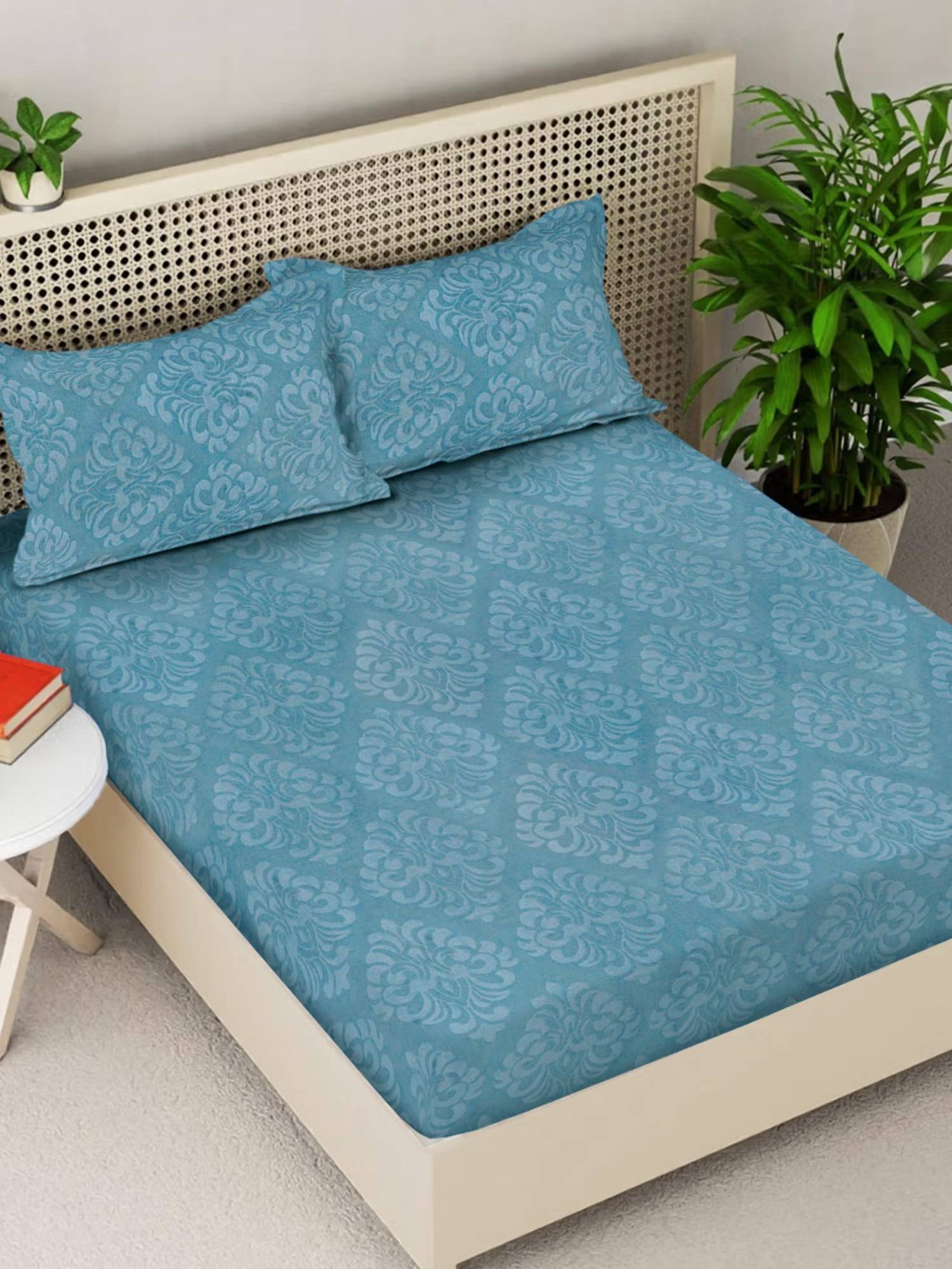 FABINALIV Blue Ethnic 300TC Cotton Blend Fitted Embossed Bedsheet With 2 Pillow Covers King
