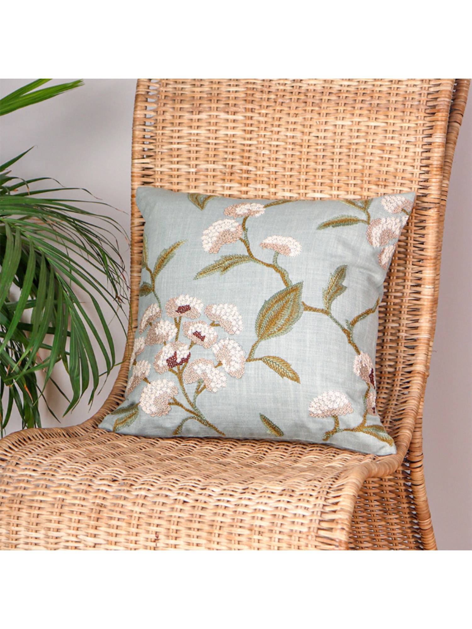 Zeba World Green Hand Embroidered Leaf Polycotton Cushion Cover