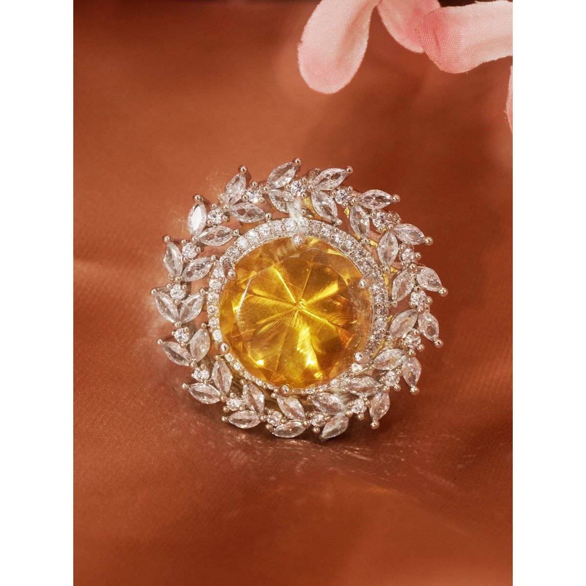 Niscka Rhodium-Plated Adjustable Ring Yellow American Diamonds