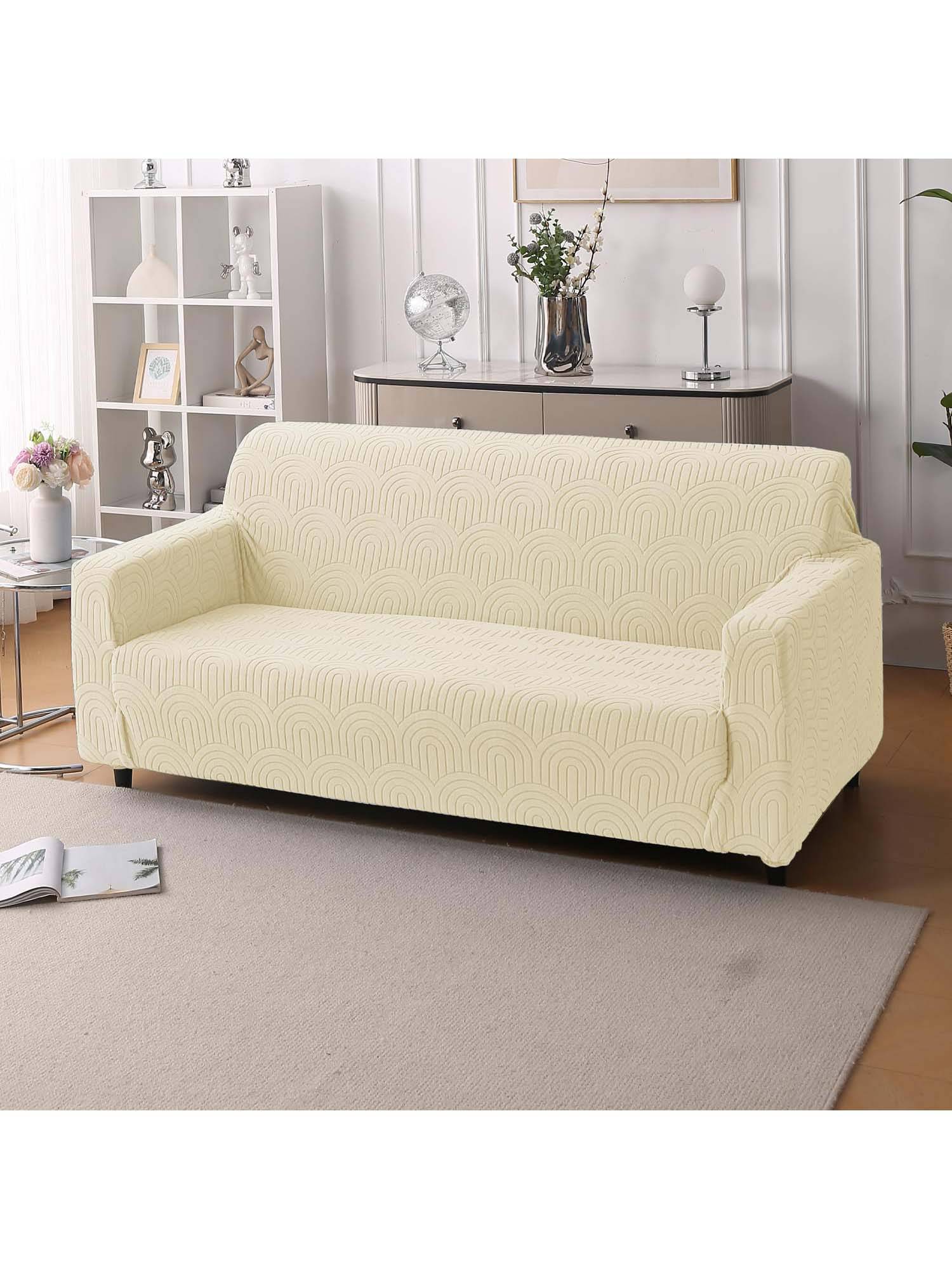 House of Quirk Cream Triple Sofa Cover Premium Jacquard Fabric Soft Stretchable Couch