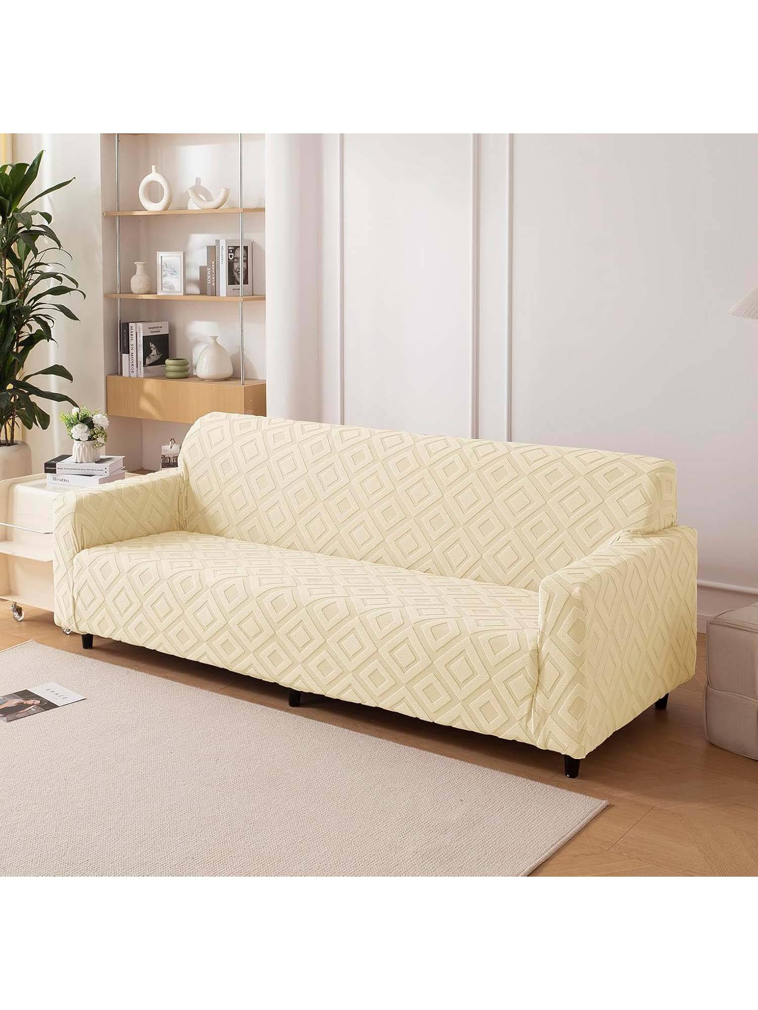 House of Quirk Cream Triple Sofa Cover Premium Jacquard Fabric Soft Stretchable Couch