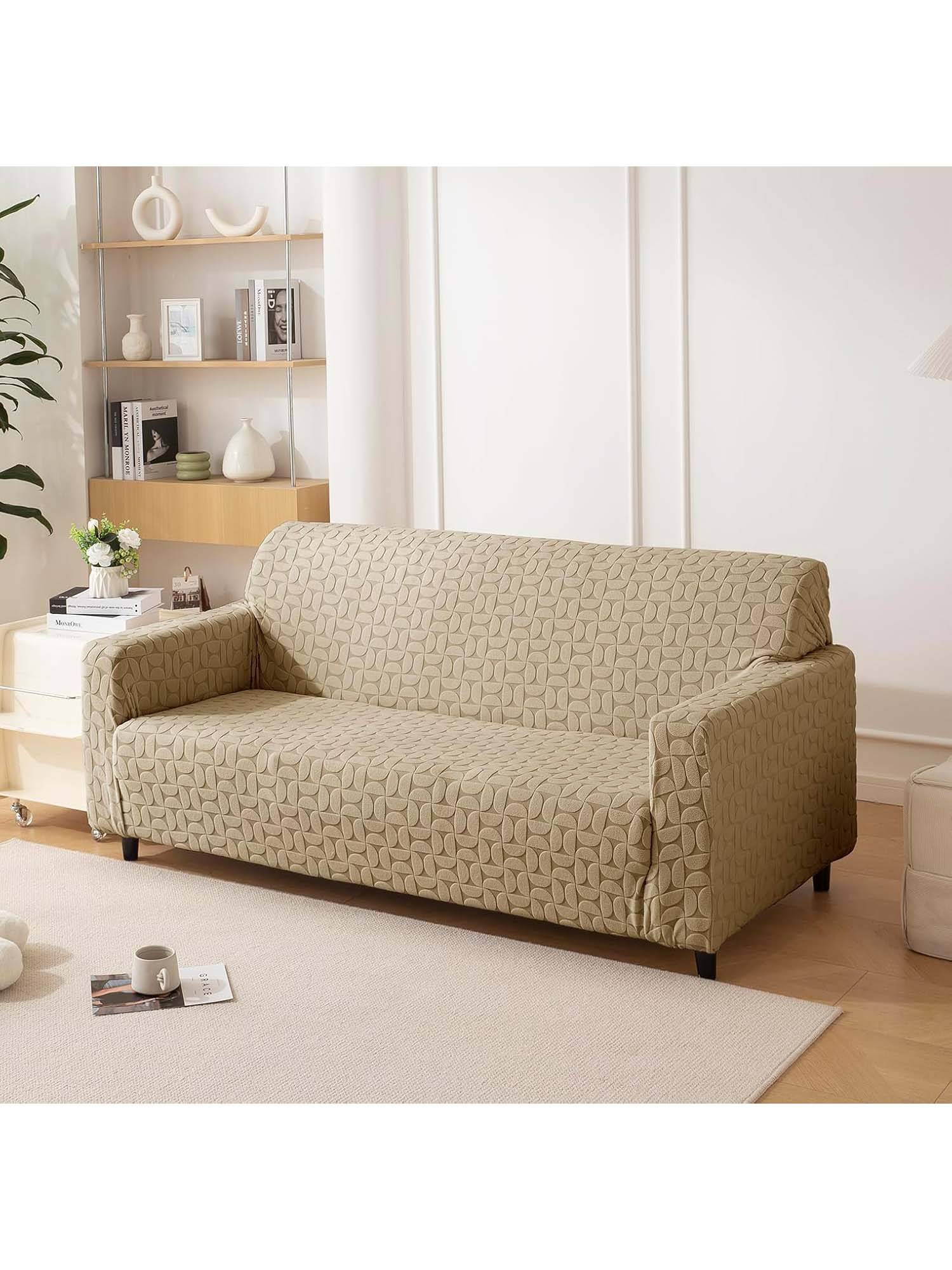 House of Quirk Khaki Triple Sofa Cover Premium Jacquard Fabric Soft Stretchable Couch