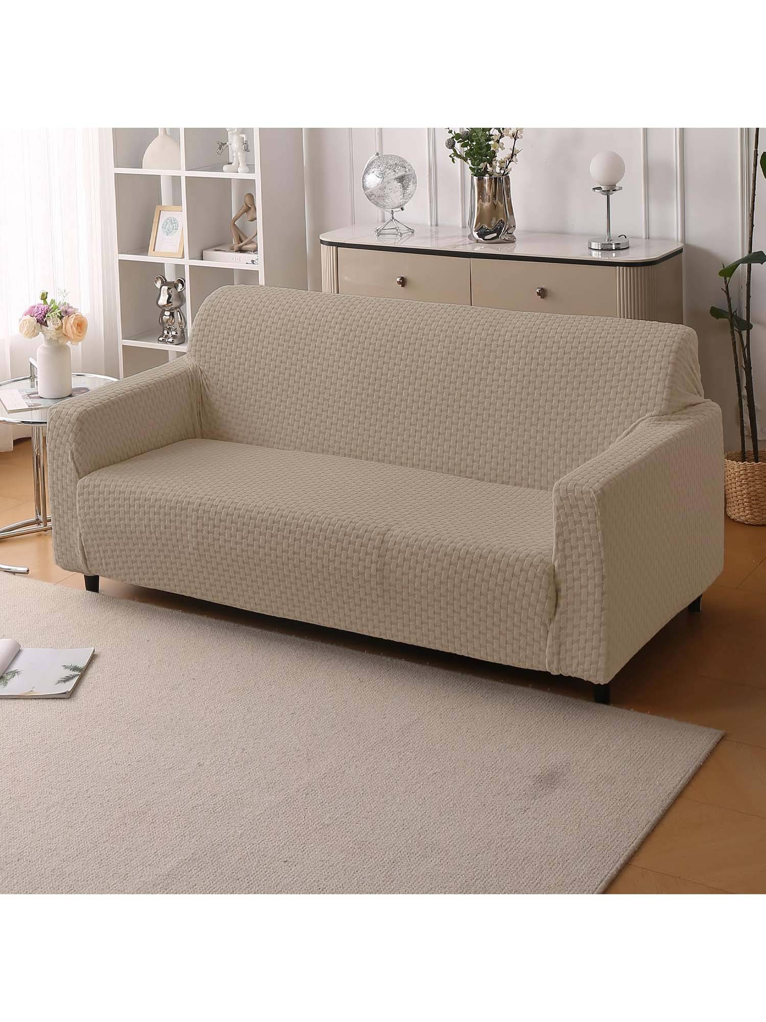 House of Quirk Khaki Triple Sofa Cover Premium Jacquard Fabric Soft Stretchable Couch