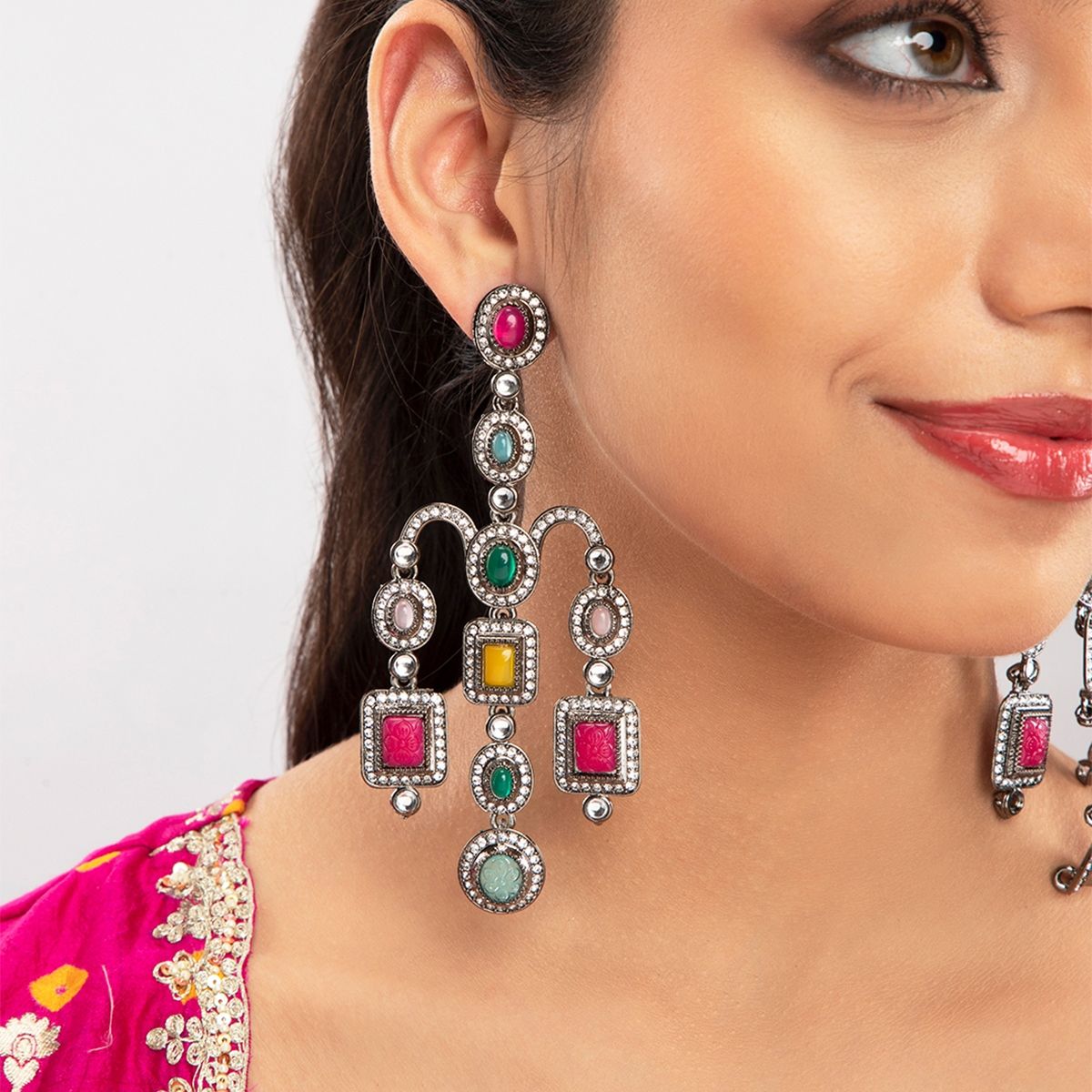 Buy Priyaasi Multi Coloured Stone Studded Chandelier Drop Earrings