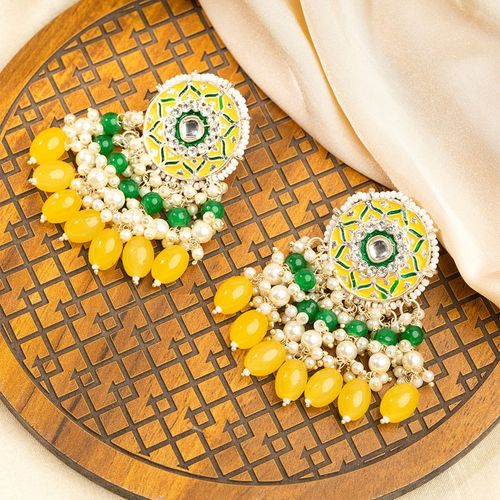 Buy Priyaasi Yellow Green Floral Minakari Beaded Drop Earrings