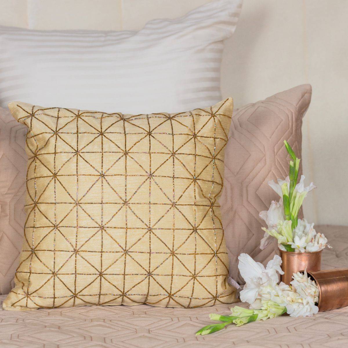 Alcove Beige Geometric Embroidered Cushion Cover