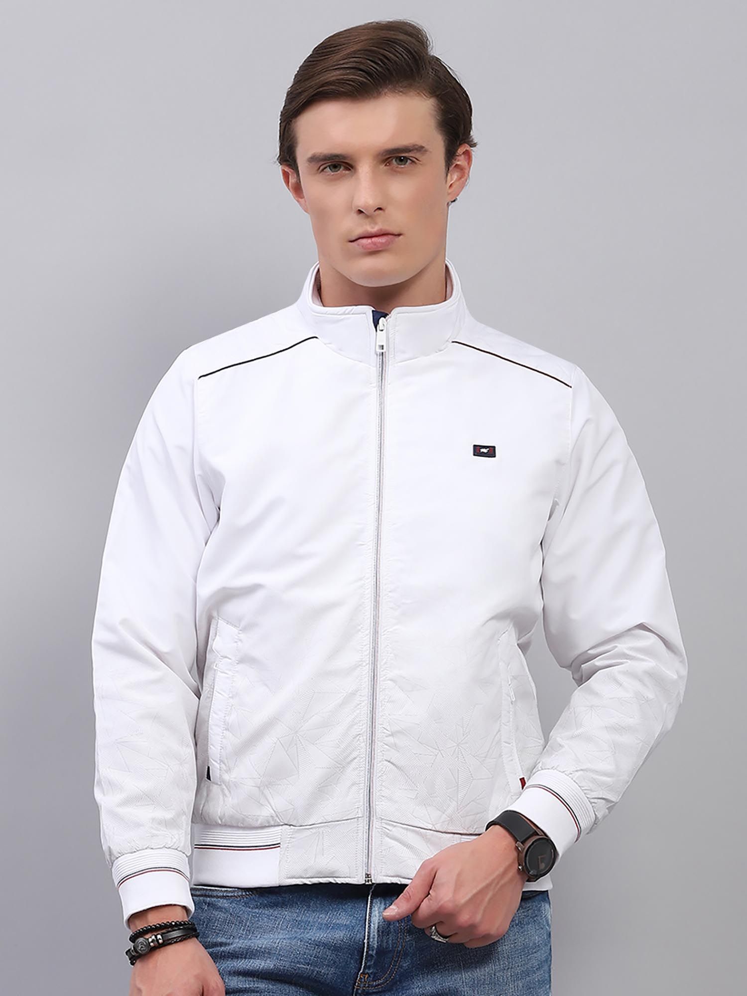 Buy Monte Carlo Mens White Solid High Neck Full Sleeve Jacket Online