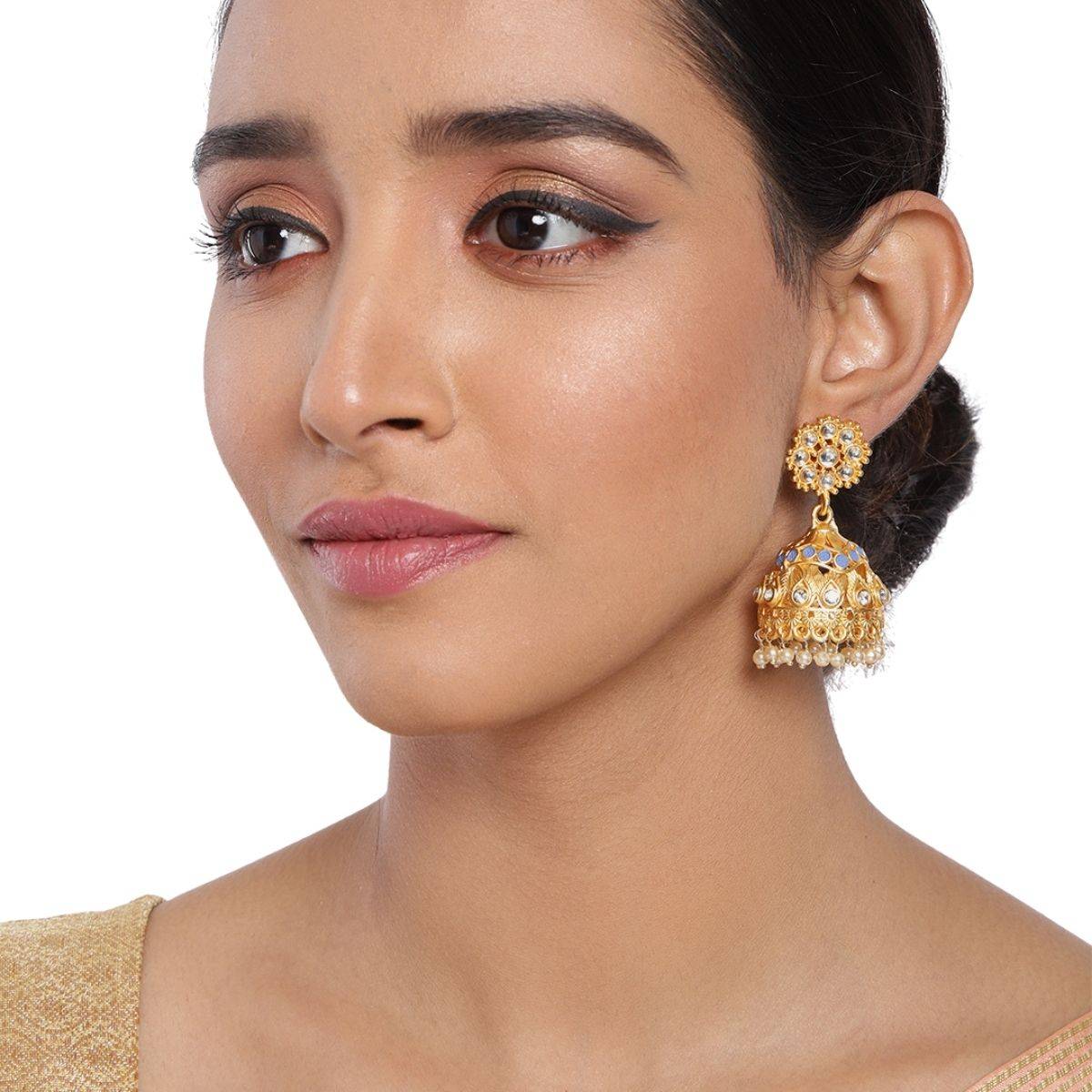 Accessher Stylish Latest Designer Fancy Gold-Toned Dome Shaped Jhumkas For Women And Girls