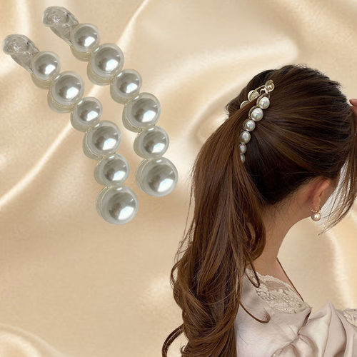 Majestique Stylish White Pearl Banana Hair Clips, French Barrettes Pcs