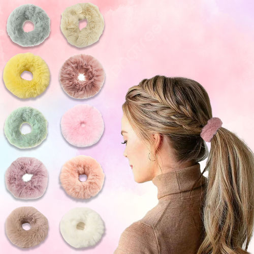 Majestique Fancy Spongy Fur Hair Rubber Band Elastic Ponytail Holder Hair  Band 10Pcs (Multicolor)