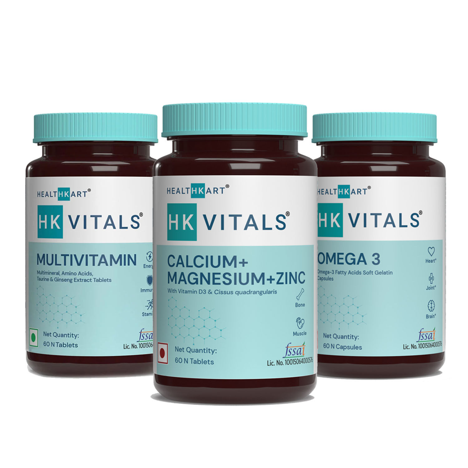 HealthKart HK Vitals Omega (60 caps) + Multivitamin (60 tablets) + Calcium (60 caps), (Combo Pack)
