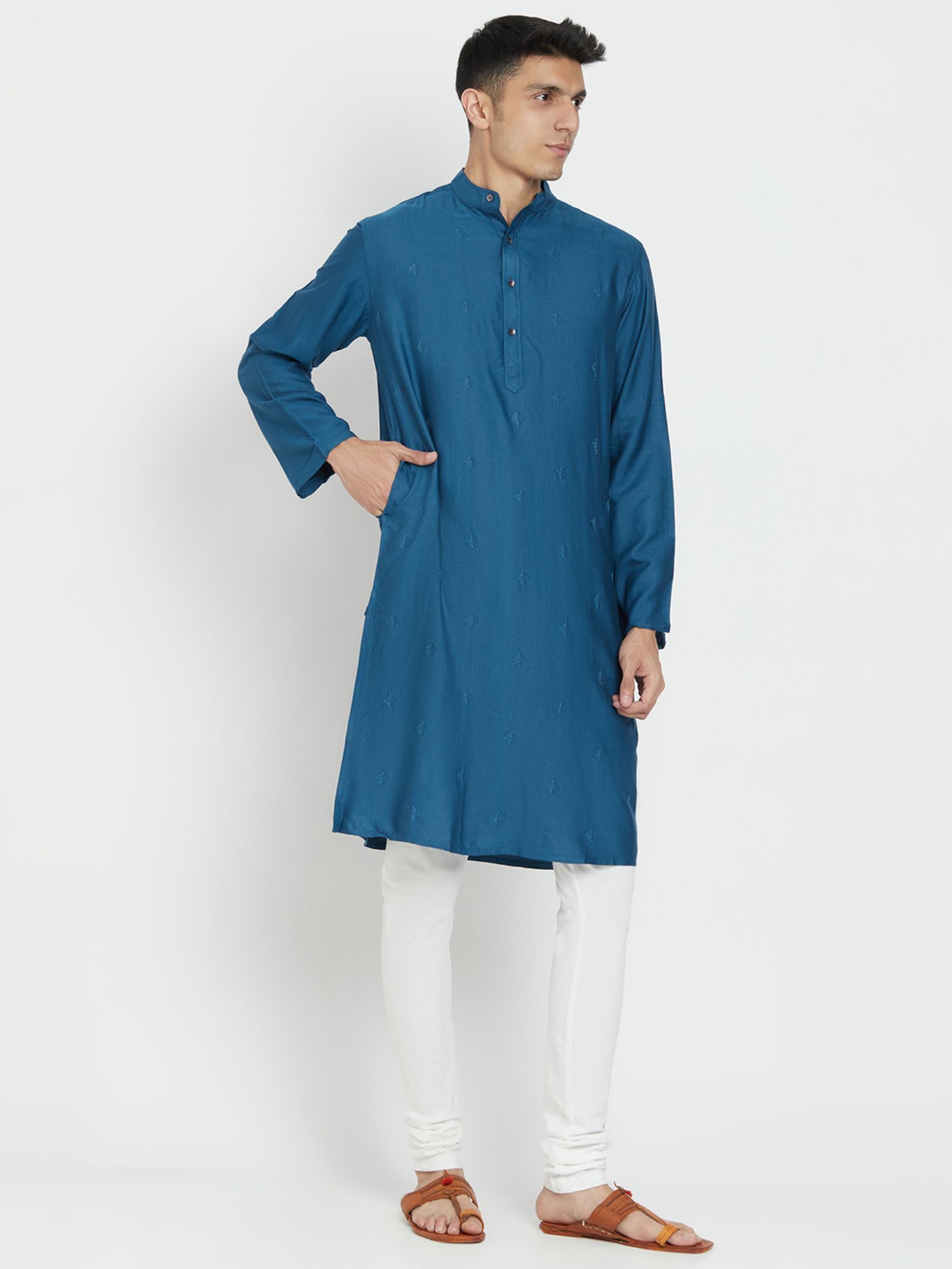 Buy Fabindia Viscose Rayon Blue Self Design Men Kurta Online