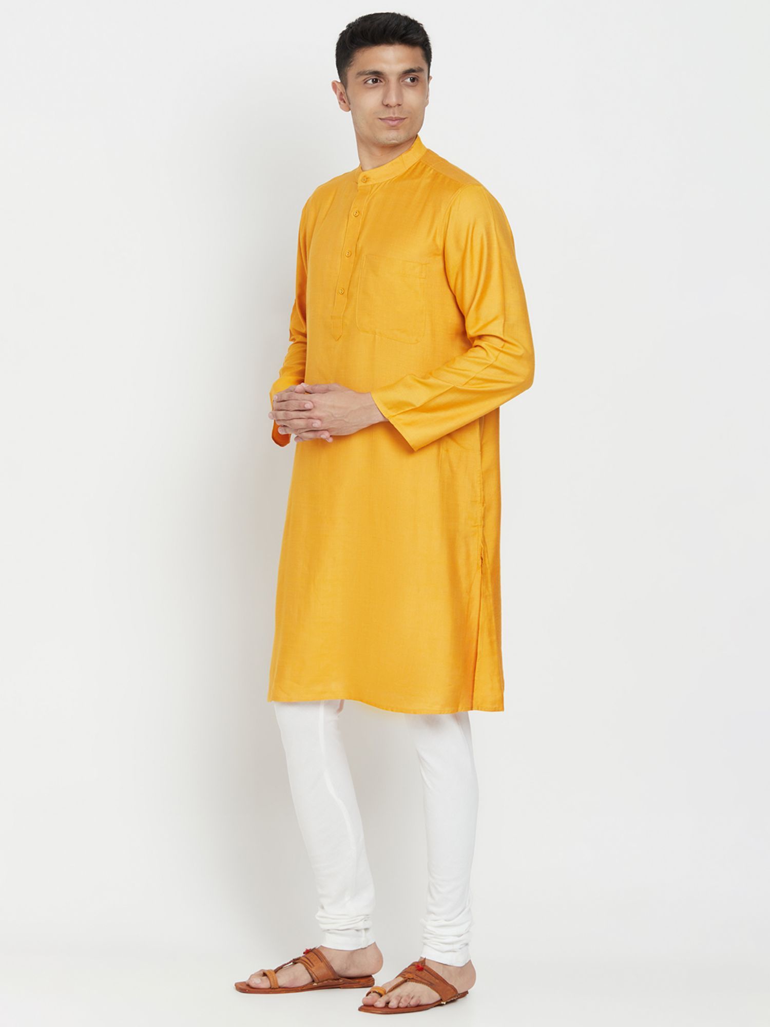 Buy Fabindia Viscose Rayon Mustard Solid Men Kurta Online