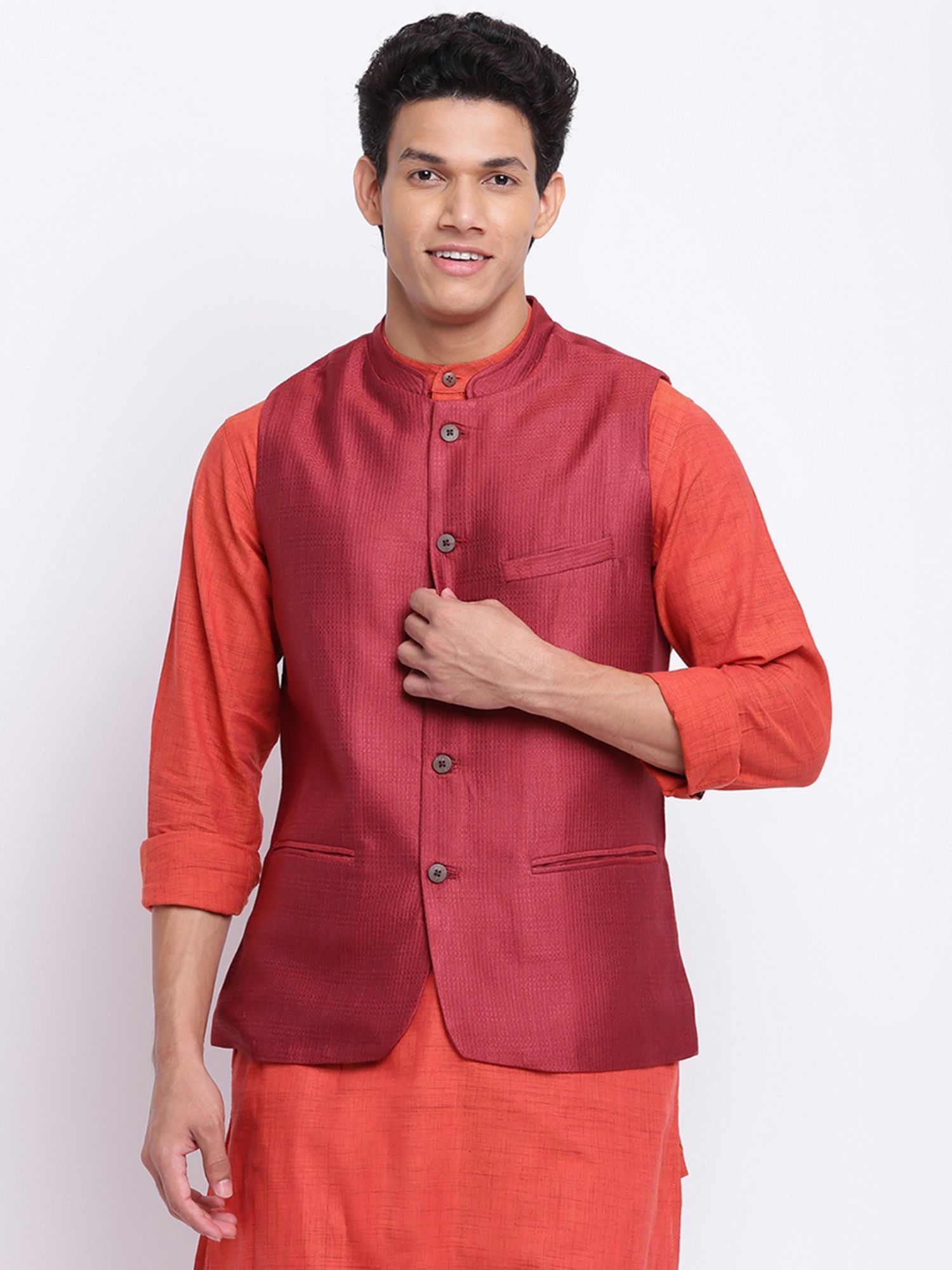 Buy Fabindia Maroon Viscose Silk Dobby Jackets Online