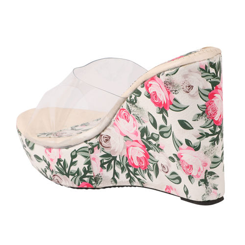 Shoetopia White Floral Printed Wedge Sandals (Euro 40)