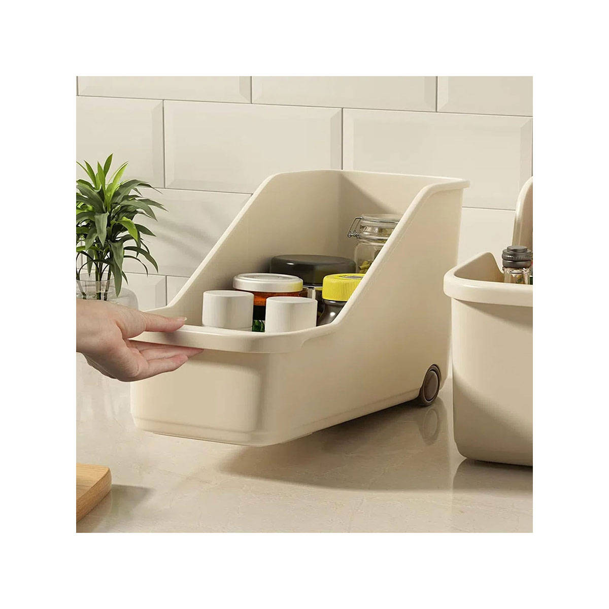 ARHAT ORGANIZERS Beige Storage Basket with Wheels (Pack Of 2) (S)