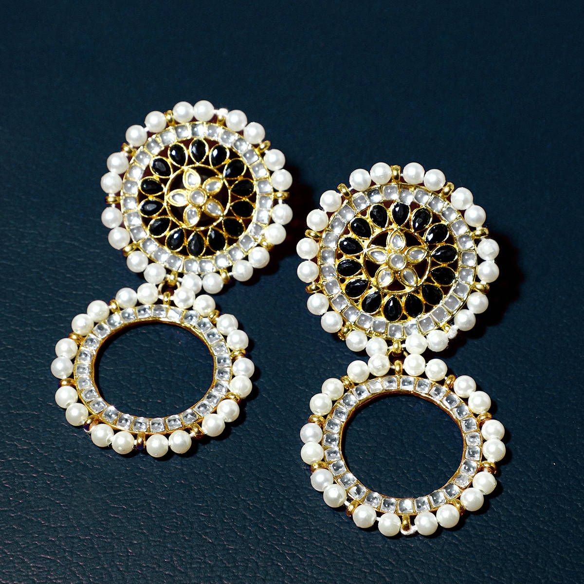 Karatcart Black Stone Studded Kundan Hoop Earring With White Pearls Detailing