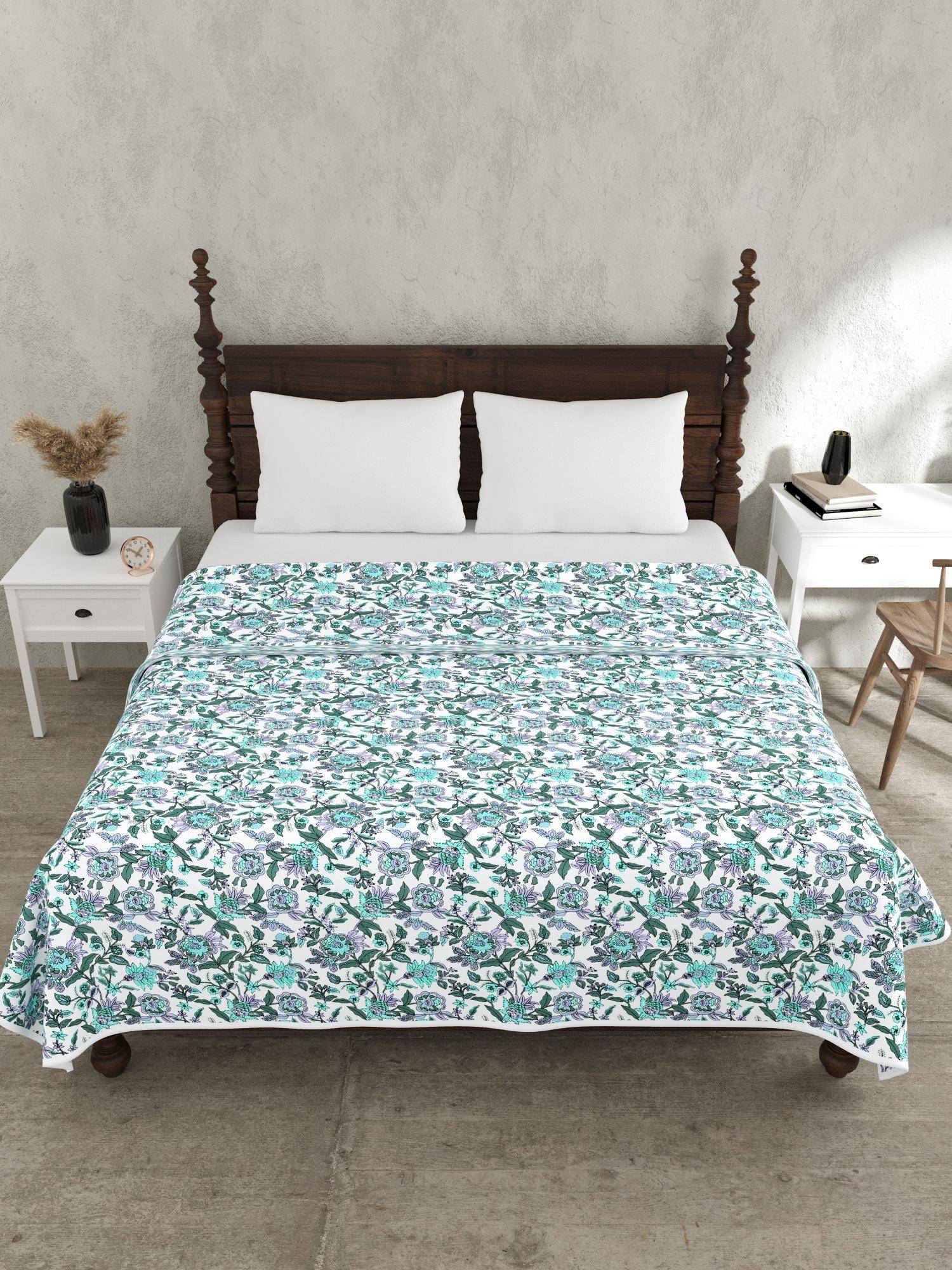 JAIPUR FABRIC 240 Tc Pure Cotton Sea Green Floral Dohar (Double)