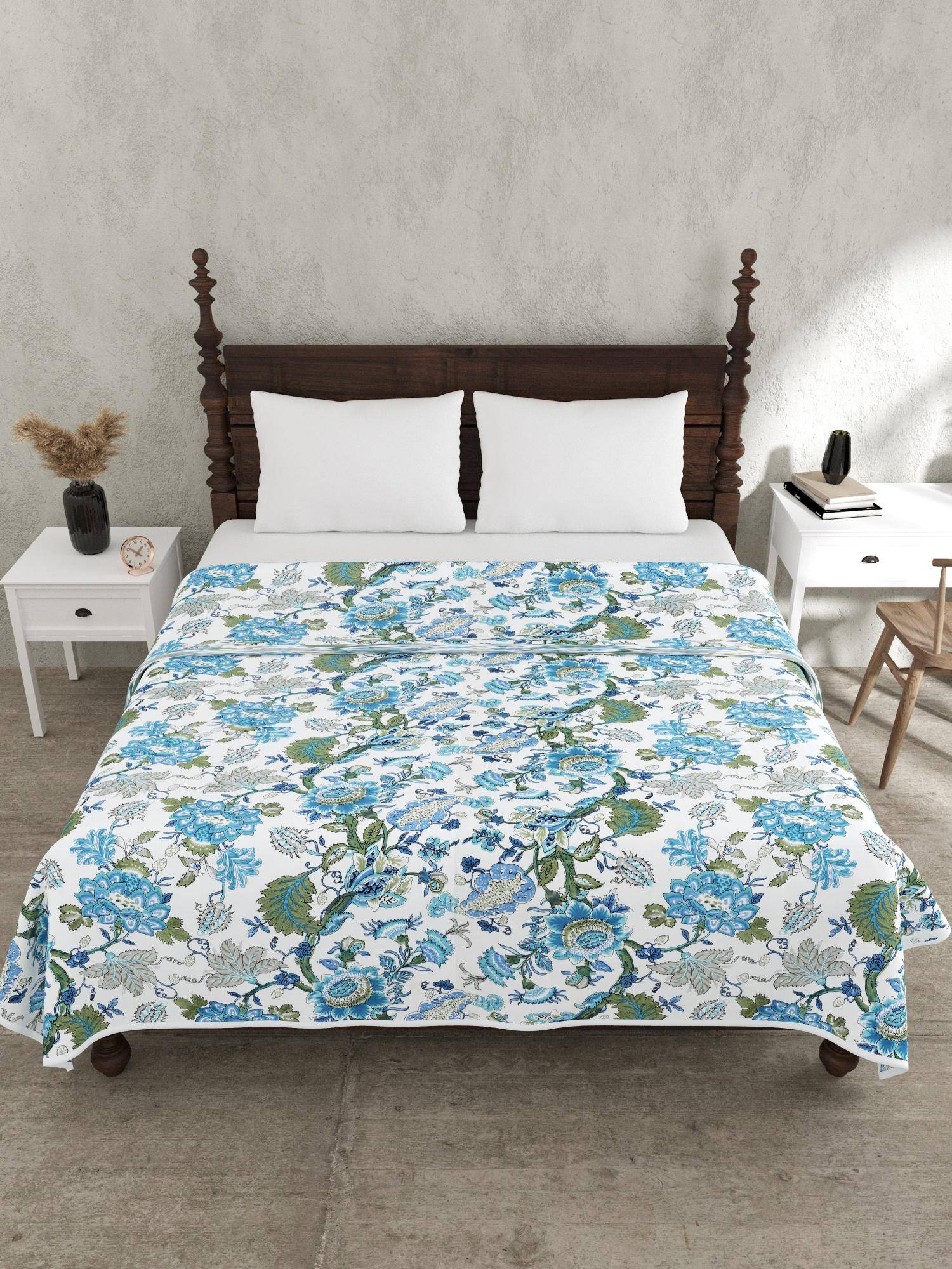 JAIPUR FABRIC 240 Tc Pure Cotton Floral Printed Blue Dohar (Double)
