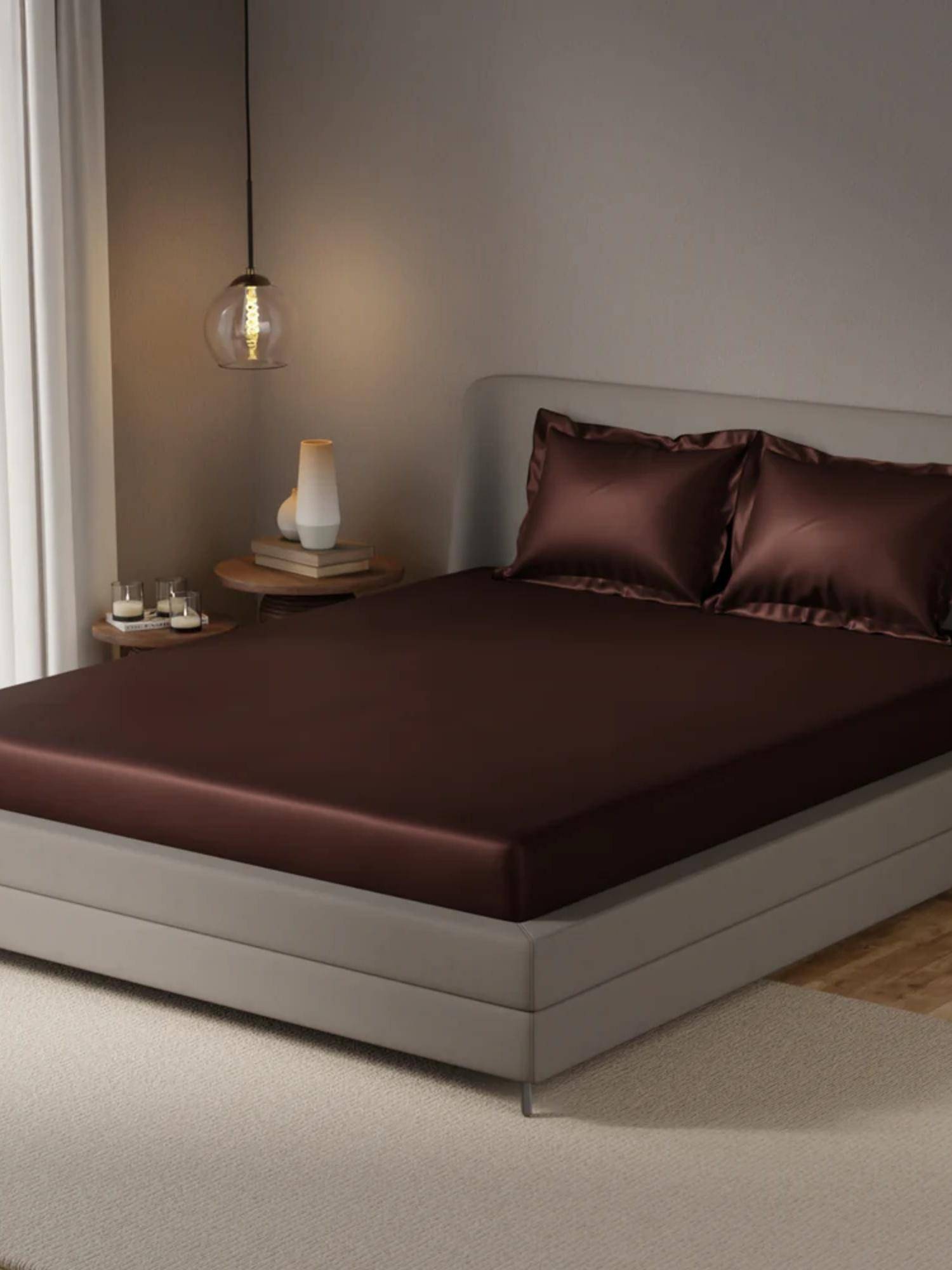 JAIPUR FABRIC 350 Tc Ultra Silk Solid Brown Fitted Bedsheet with 2 Pillow Covers (Double)