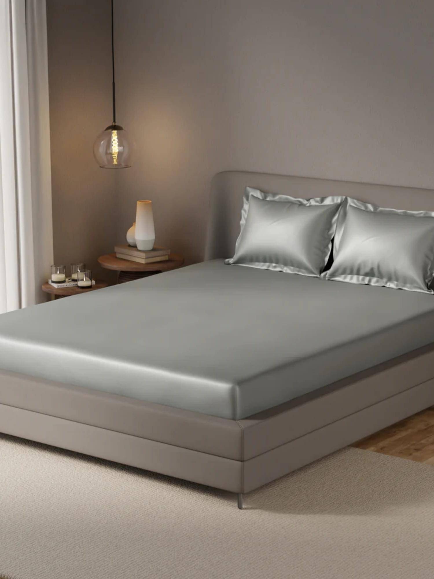 JAIPUR FABRIC 350 Tc Ultra Silk Solid Grey Fitted Bedsheet with 2 Pillow Covers (Double)