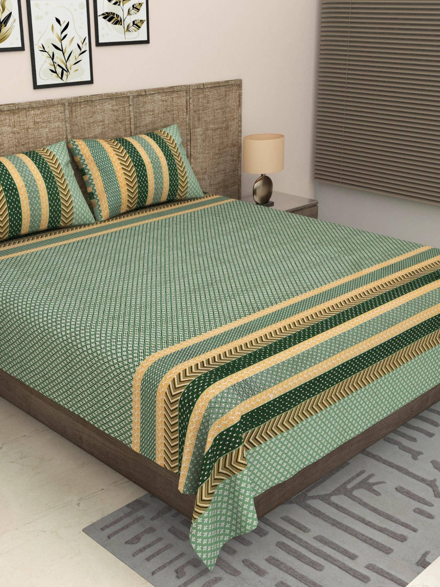 JAIPUR FABRIC 300 Tc Pure Cotton Green Floral Bedsheet with 2 Pillow Cover (King)