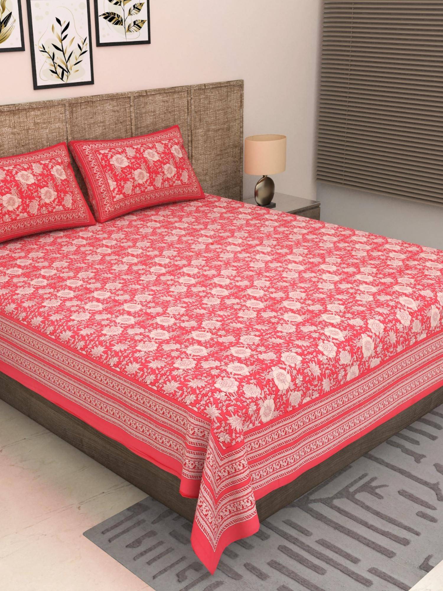 JAIPUR FABRIC 300 Tc Pure Cotton Pink Floral Bedsheet with 2 Pillow Cover (King)