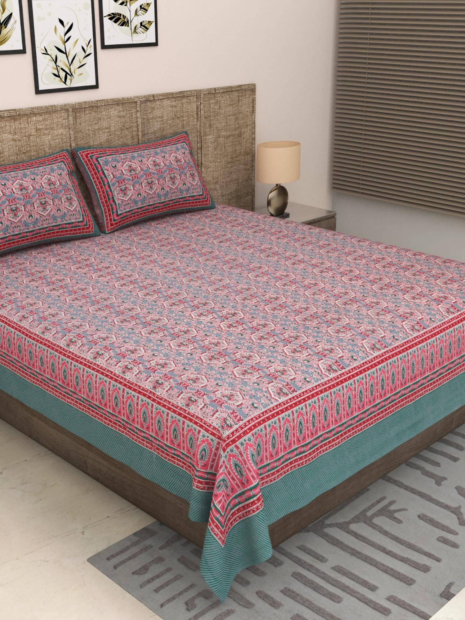 JAIPUR FABRIC 300 Tc Pure Cotton Pink Floral Bedsheet with 2 Pillow Cover (King)