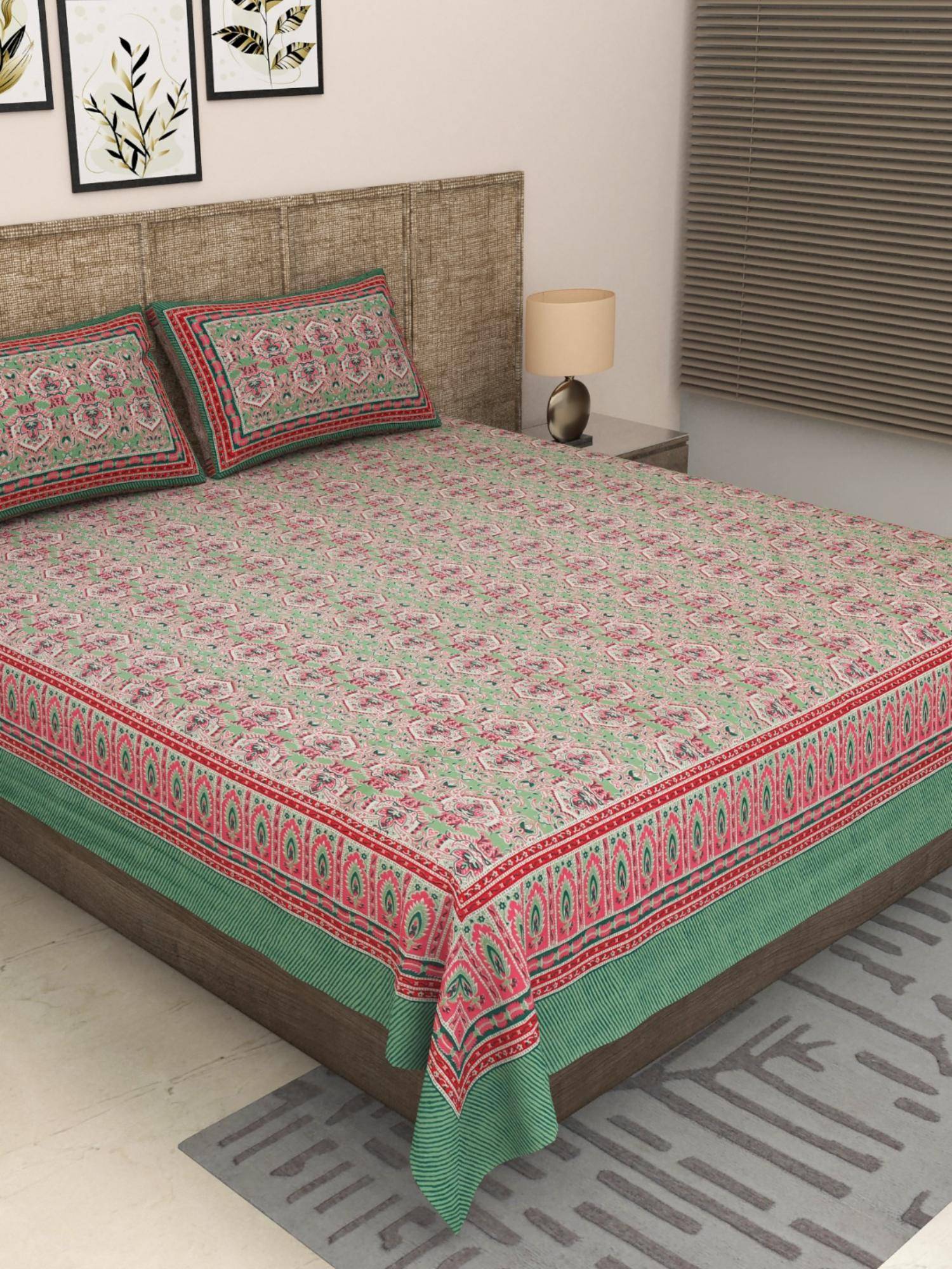 JAIPUR FABRIC 300 Tc Pure Cotton Green Floral Bedsheet with 2 Pillow Cover (King)