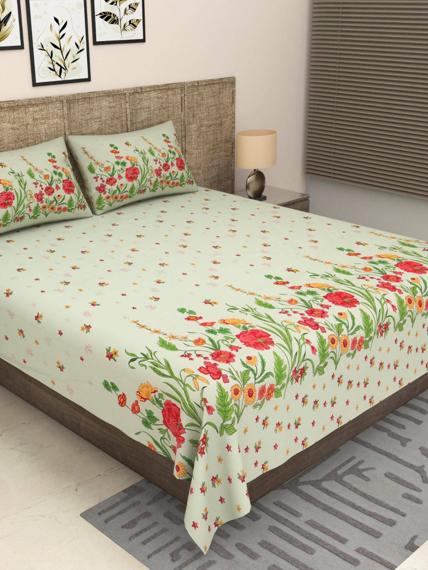 JAIPUR FABRIC 300 Tc Pure Cotton Green Floral Bedsheet with 2 Pillow Cover (King)