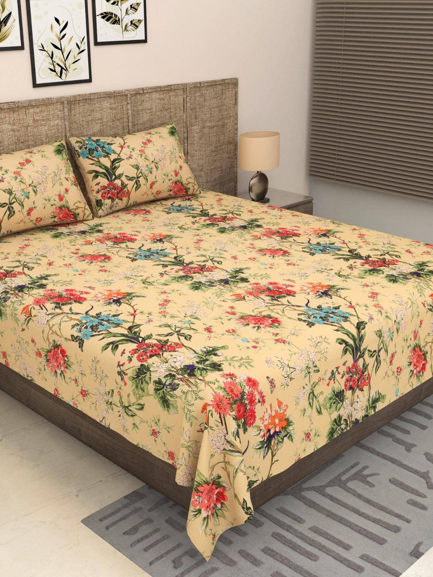 JAIPUR FABRIC 300 Tc Pure Cotton Yellow Floral Bedsheet with 2 Pillow Cover (King)