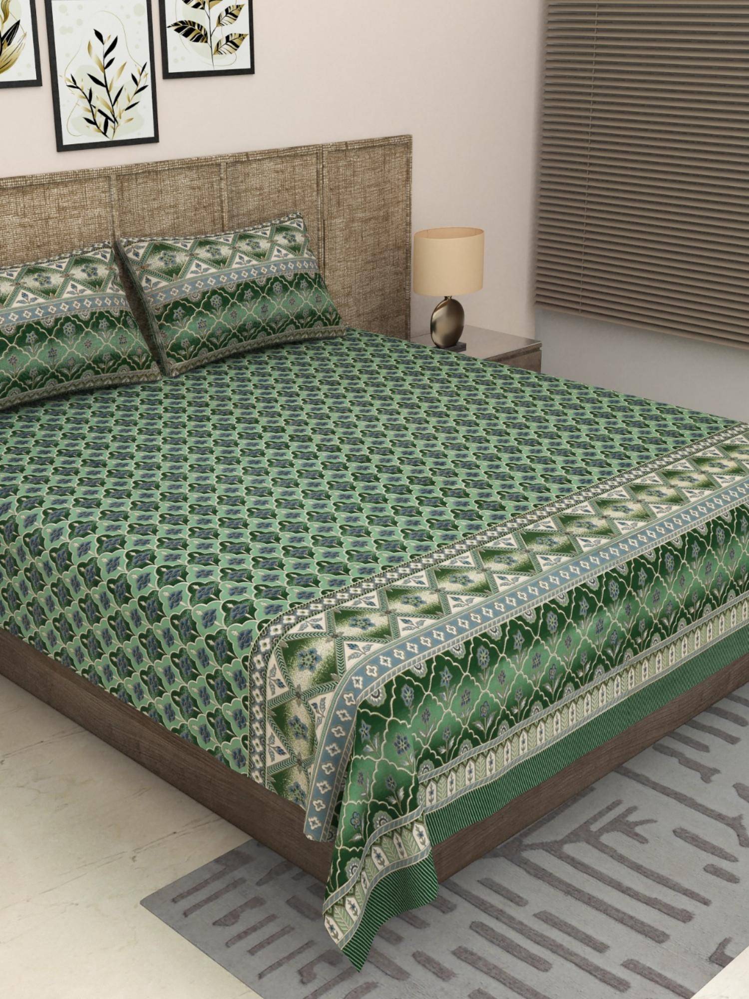JAIPUR FABRIC 300 Tc Pure Cotton Green Floral Bedsheet with 2 Pillow Cover (King)