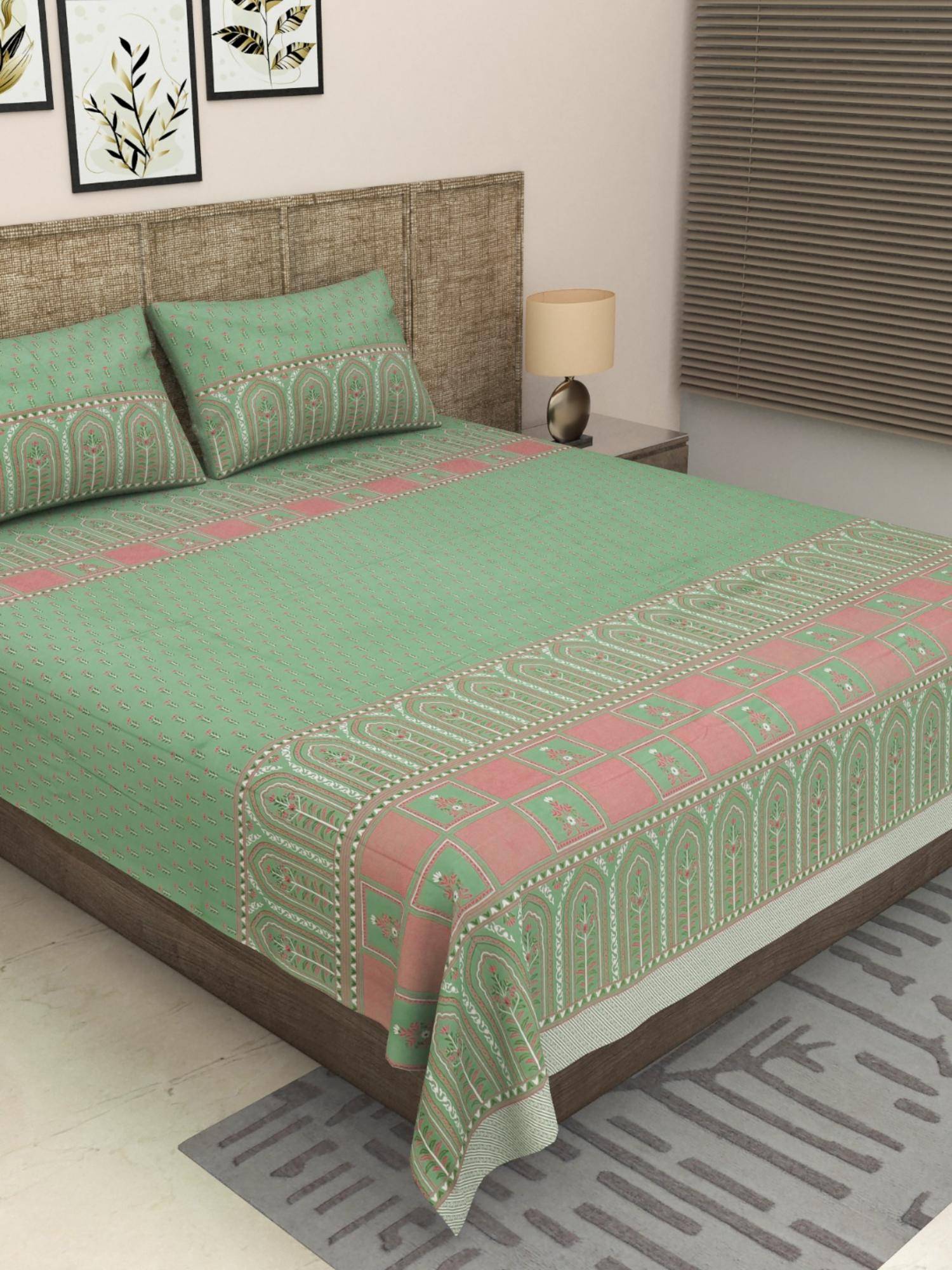 JAIPUR FABRIC 300 Tc Pure Cotton Pista Green Floral Bedsheet with 2 Pillow Cover (King)
