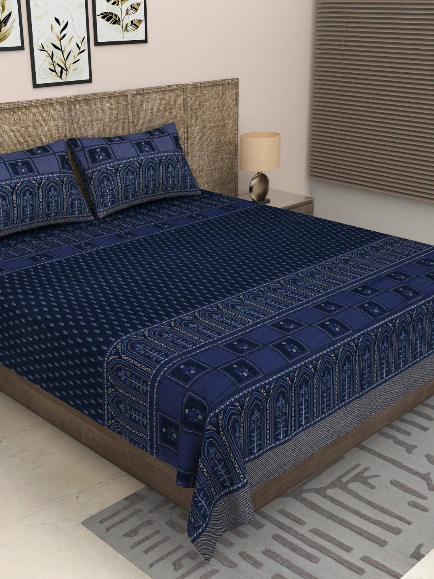 JAIPUR FABRIC 300 Tc Pure Cotton Navy Blue Floral Bedsheet with 2 Pillow Cover (King)