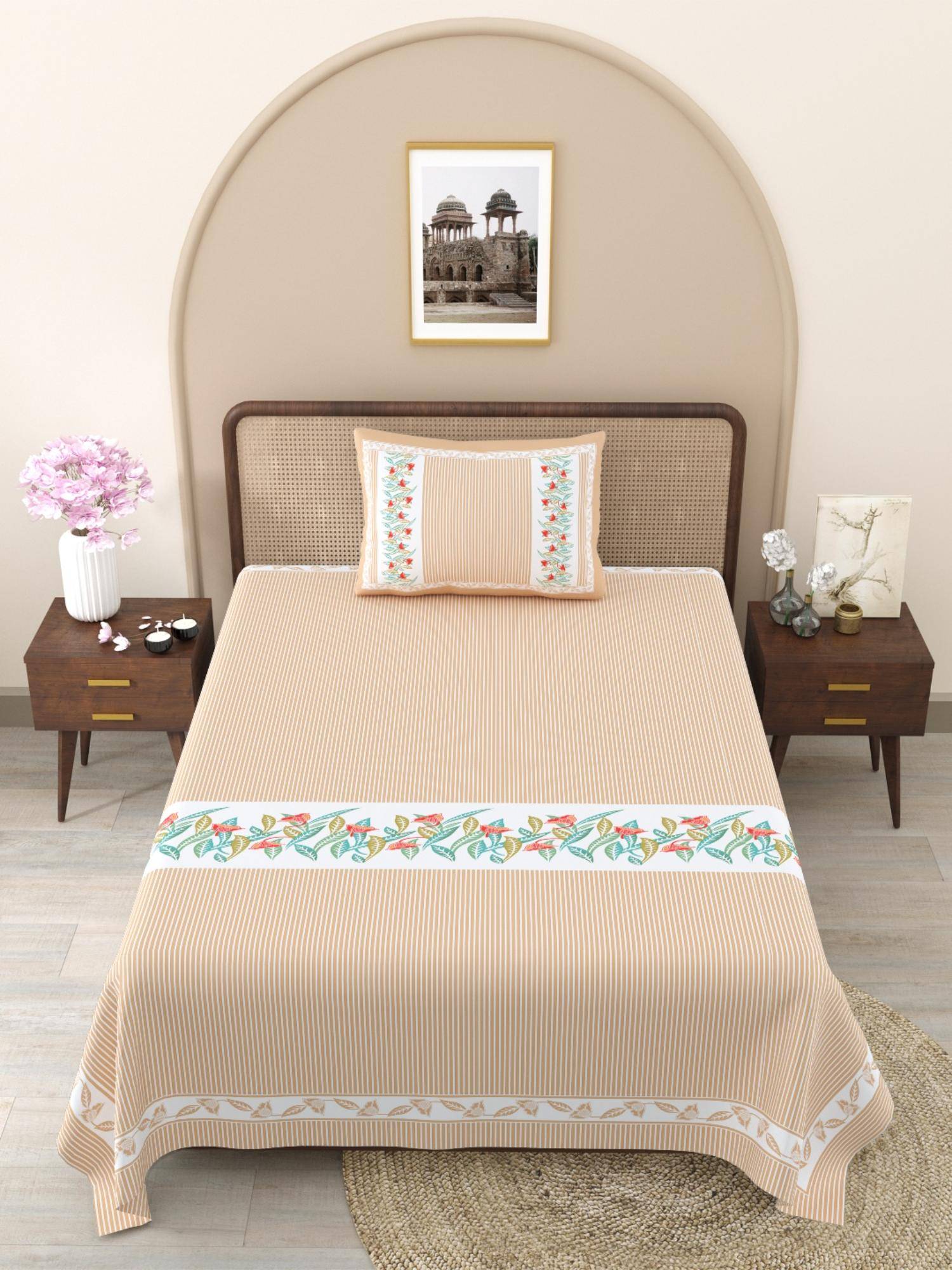 JAIPUR FABRIC Peach Floral Pure Cotton Bedsheet with 1 Pillow Cover (Single)