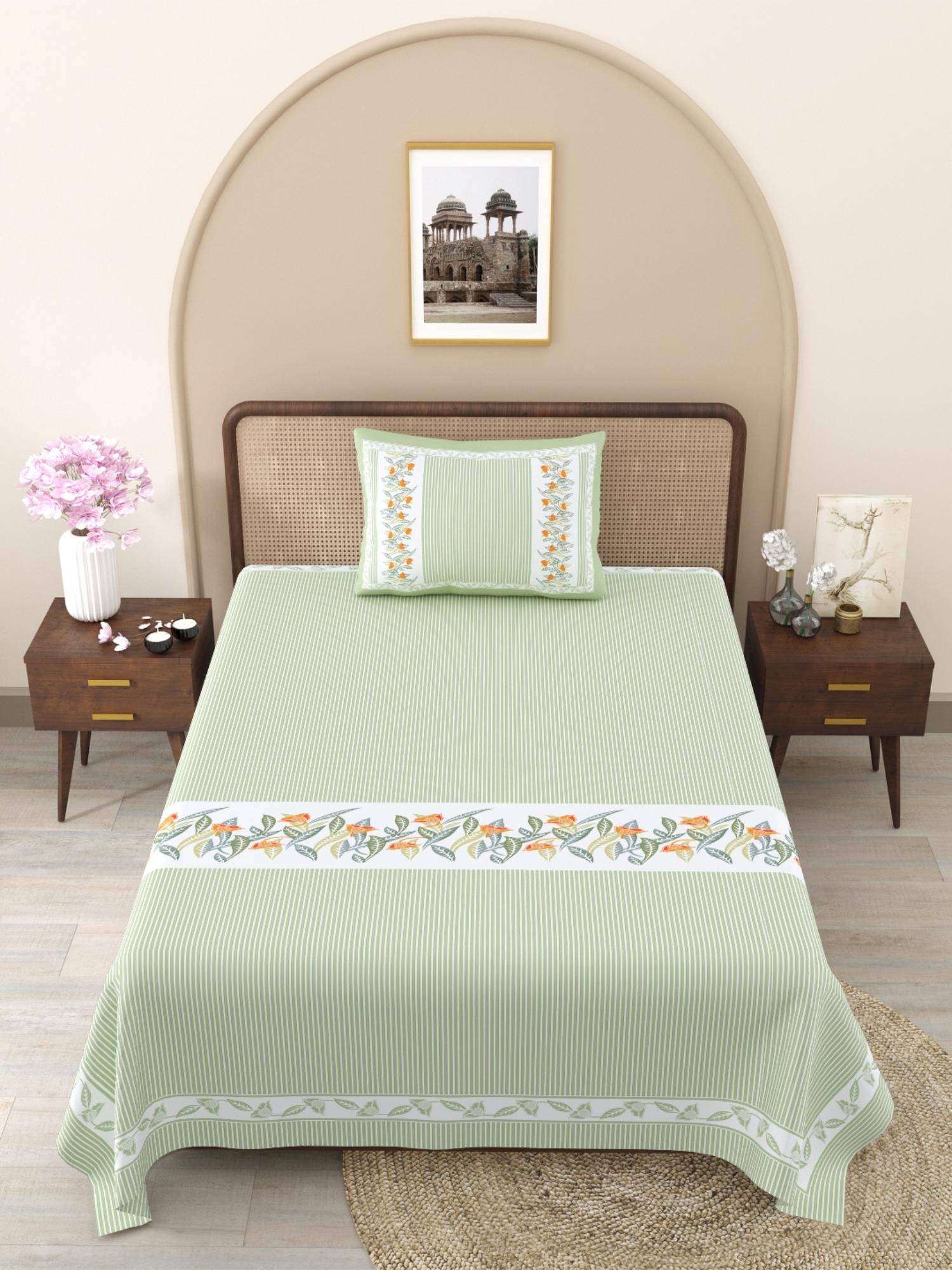 JAIPUR FABRIC Green Floral Pure Cotton Bedsheet with 1 Pillow Cover (Single)