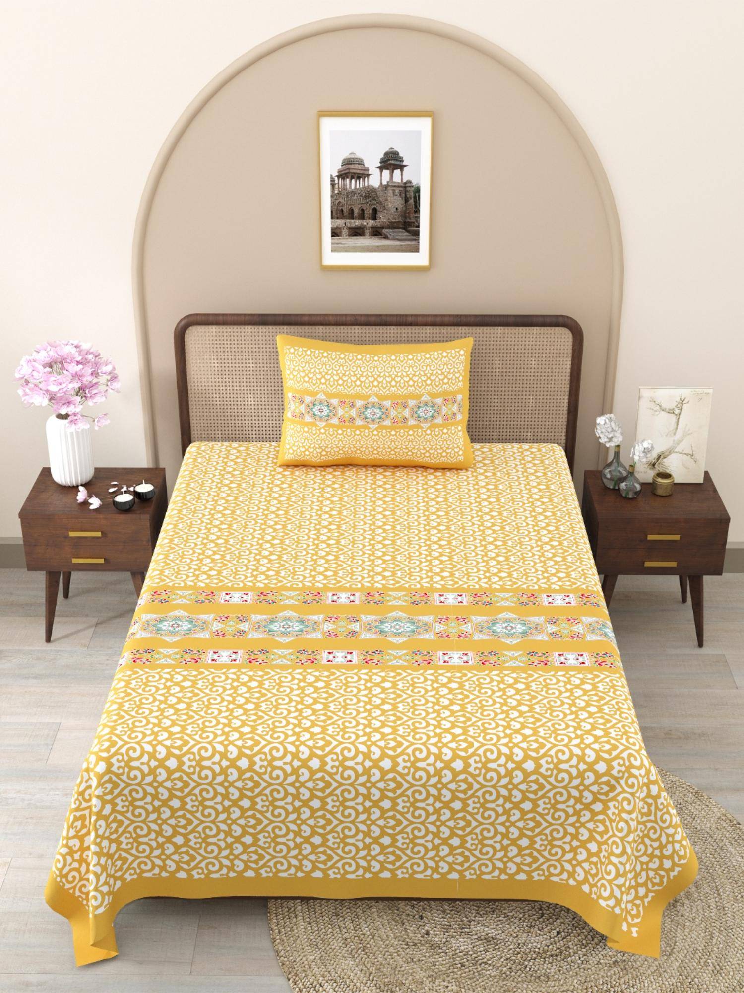 JAIPUR FABRIC Yellow Ethnic Motifs Pure Cotton Bedsheet with 1 Pillow Cover (Single)
