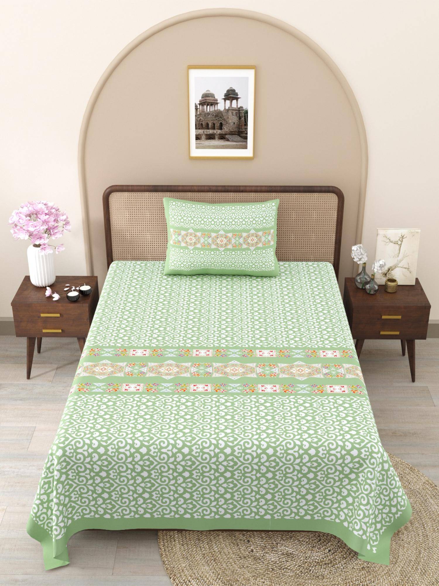 JAIPUR FABRIC Green Ethnic Motifs Pure Cotton Bedsheet with 1 Pillow Cover (Single)