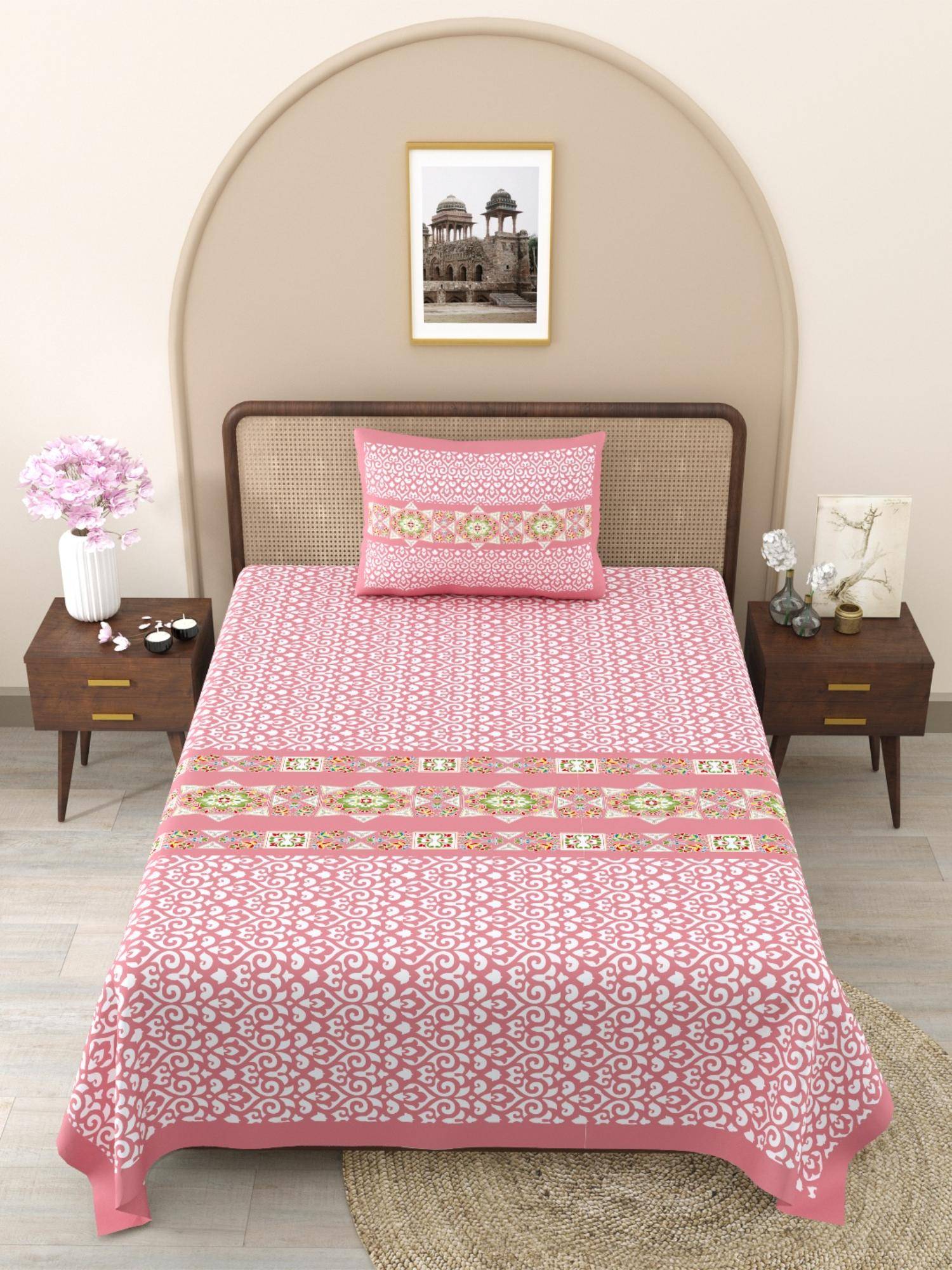 JAIPUR FABRIC Pink Ethnic Motifs Pure Cotton Bedsheet with 1 Pillow Cover (Single)