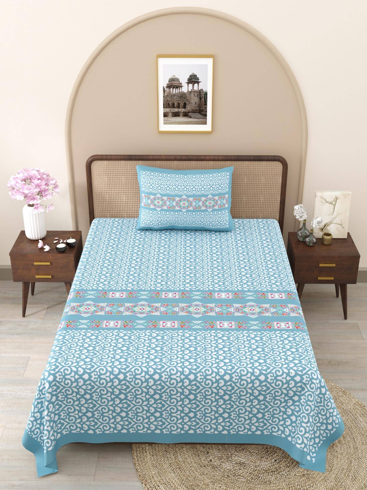 JAIPUR FABRIC Blue Ethnic Motifs Pure Cotton Bedsheet with 1 Pillow Cover (Single)